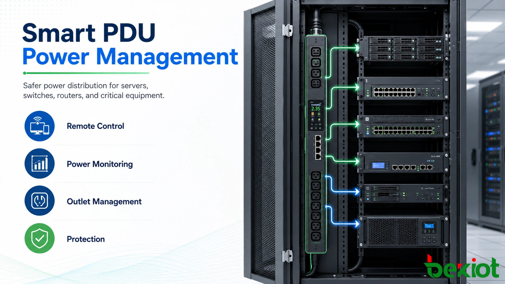 Smart PDU power management for servers switches routers and network equipment in an equipment room