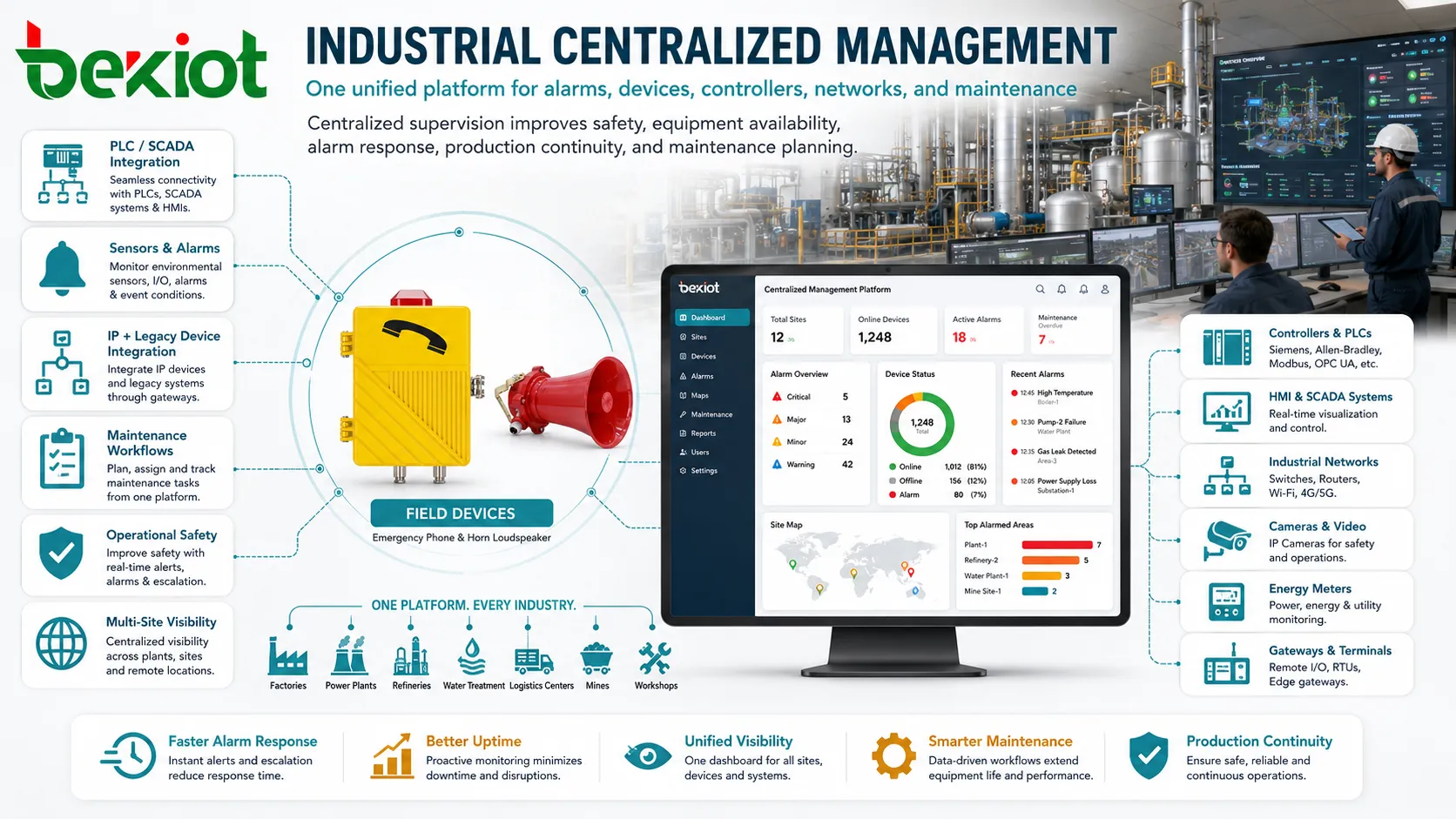 Centralized management applied in factory automation with PLC systems sensors industrial network devices alarms and maintenance dashboard