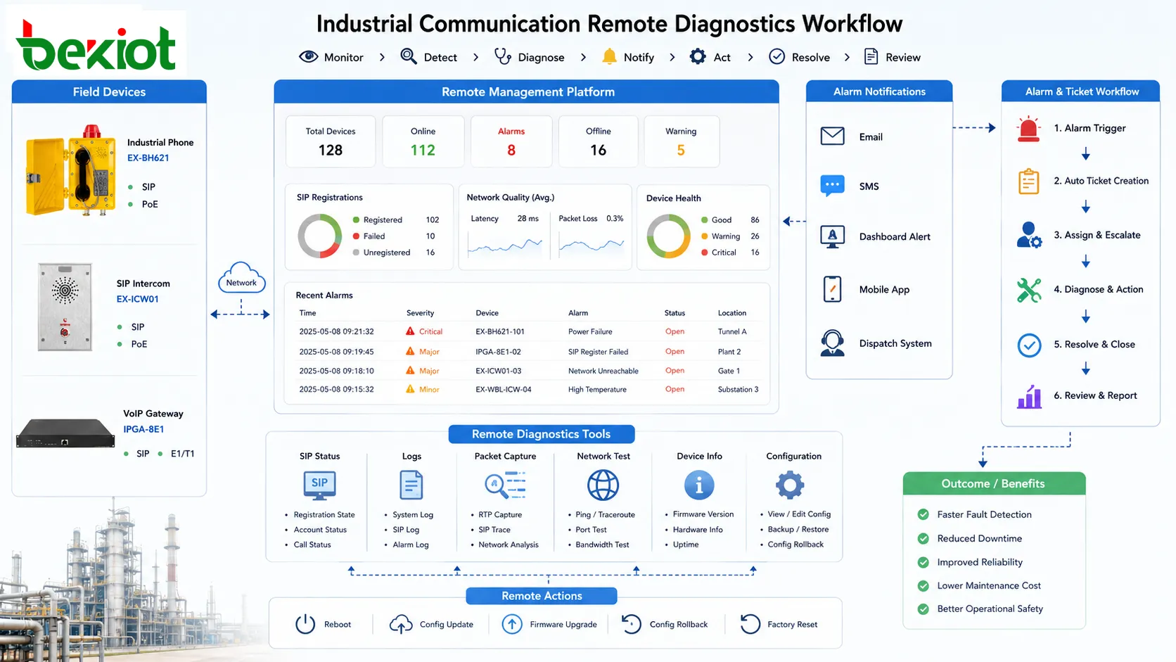 Remote diagnostics workflow for industrial phone gateway and intercom with SIP log packet capture alarm ticket and configuration rollback