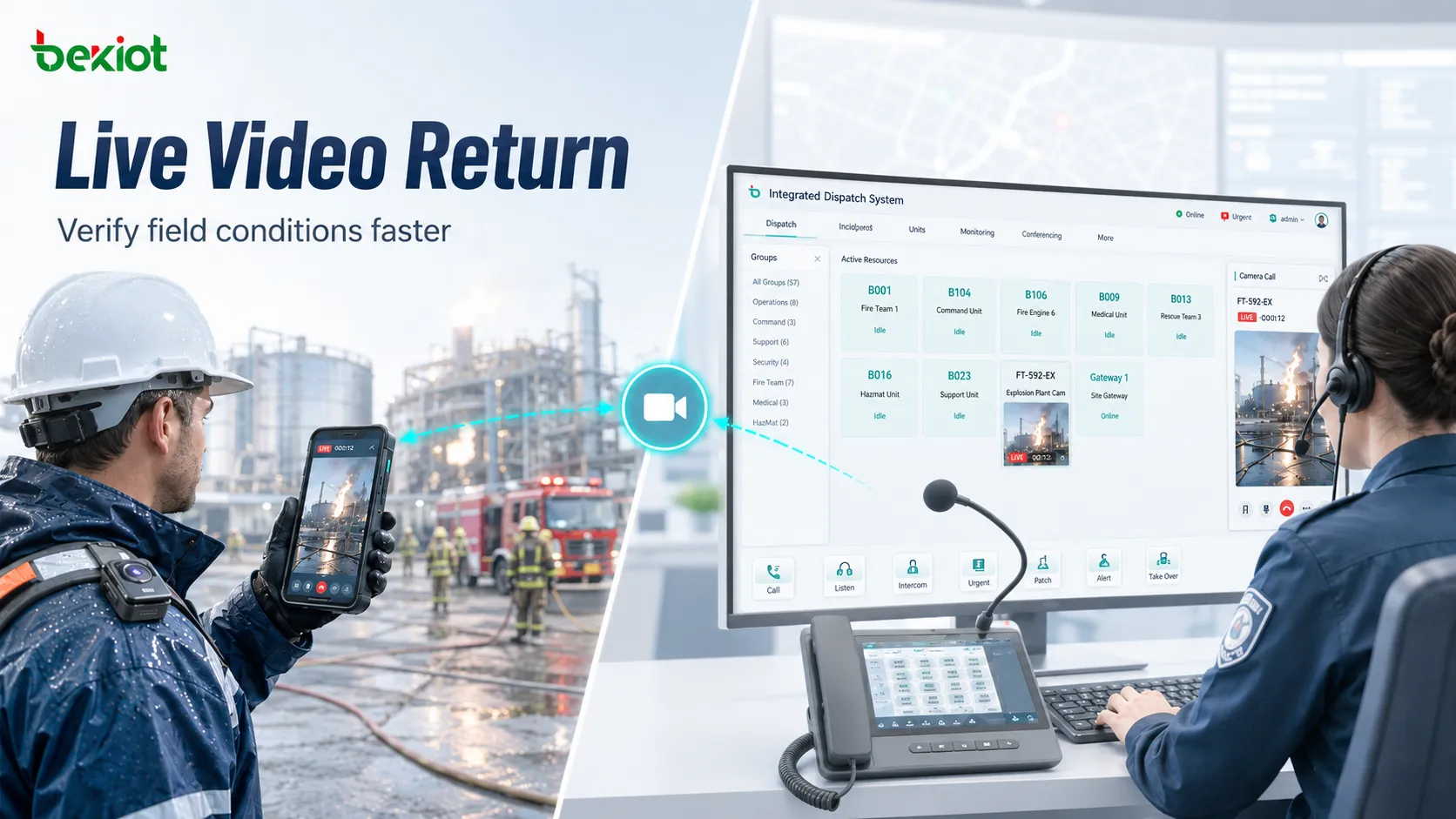 Field worker sending live video back to a dispatch center during an emergency coordination task