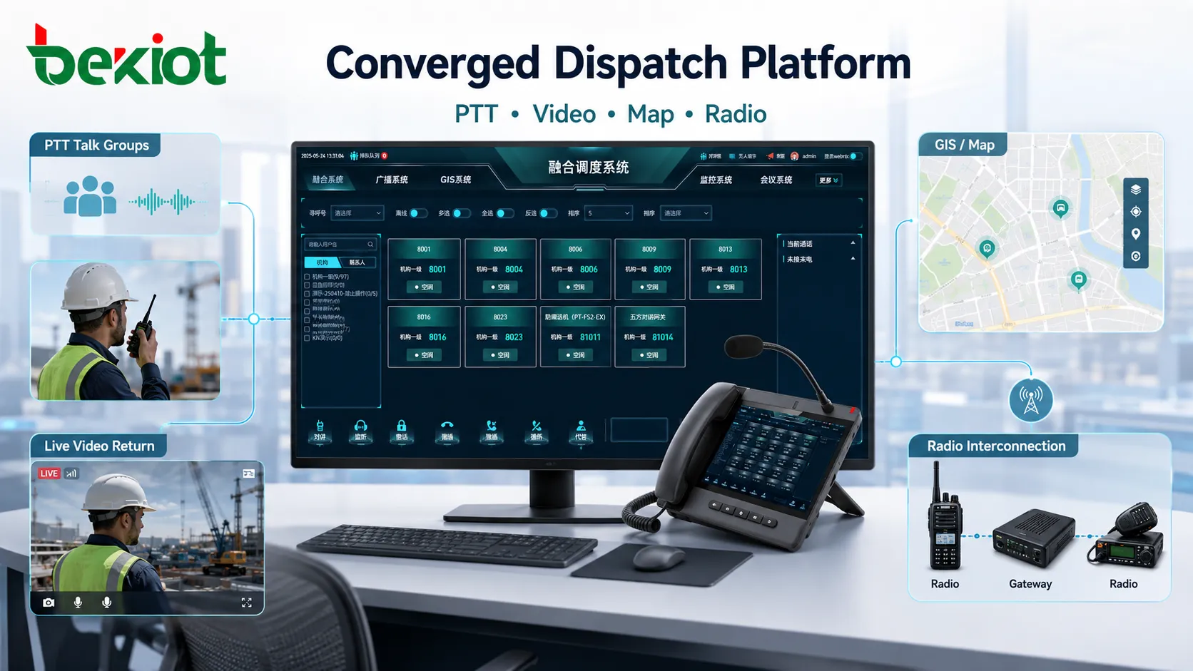 Converged dispatch platform integrating PTT talk groups video return electronic map and private radio interconnection