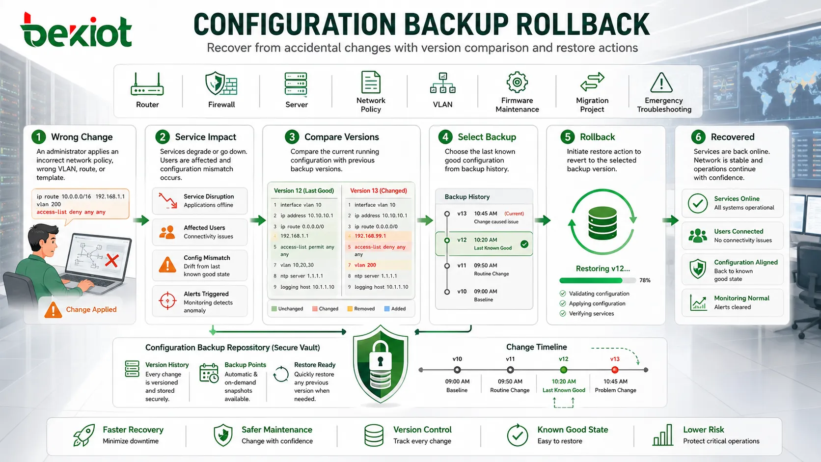 Configuration backup rollback workflow after wrong network policy change with version comparison and restore action