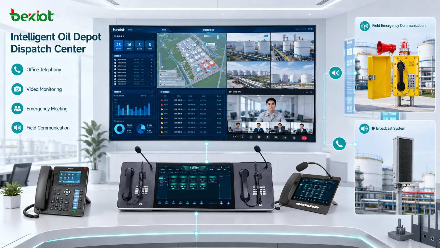Intelligent oil depot command dispatch center integrating phone system video monitoring emergency meeting and field communication