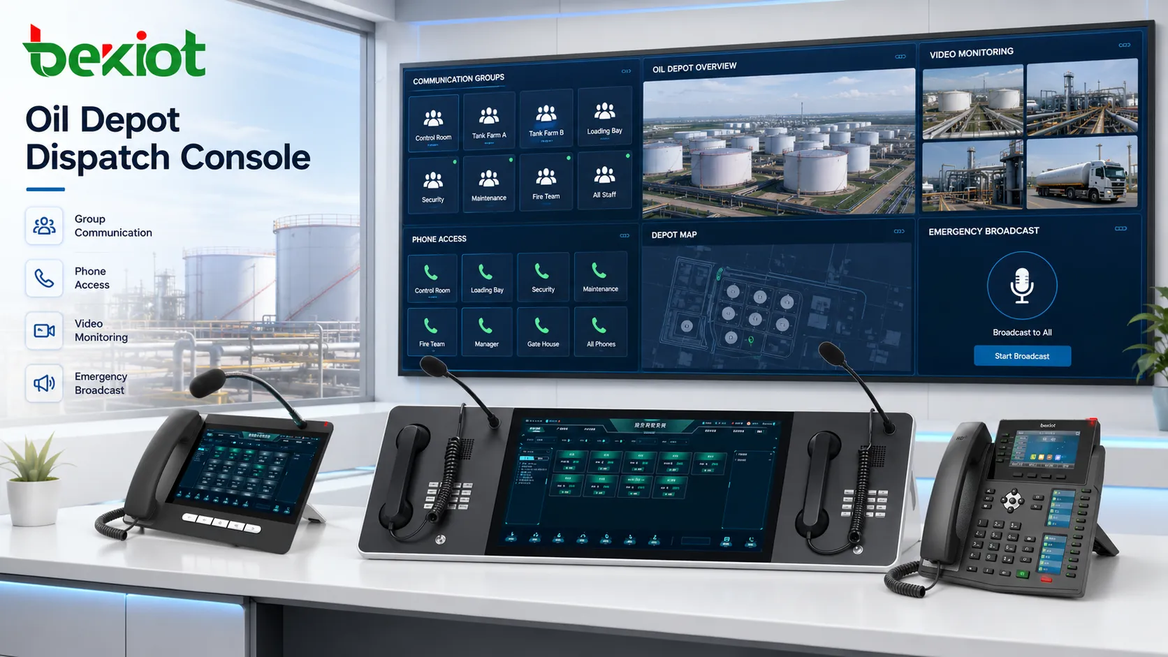Oil depot dispatch console showing communication groups phone access video monitoring and emergency broadcast control
