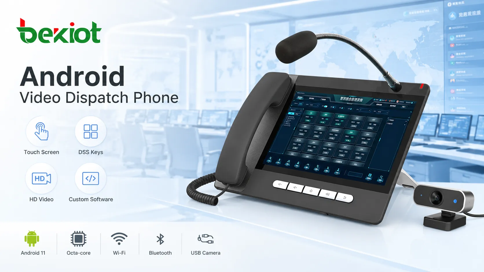 Android video dispatch phone with touch screen gooseneck microphone DSS keys and USB camera for HD video calls