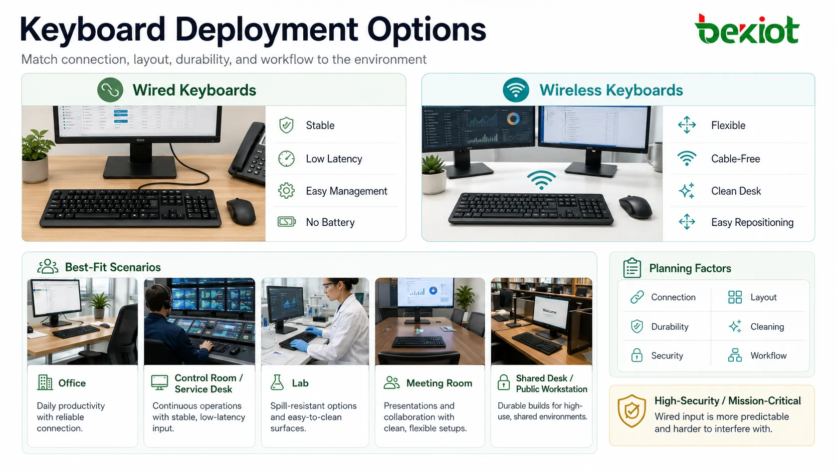 Keyboard deployment options showing wired USB wireless Bluetooth compact layout and industrial sealed keyboard at different workstations