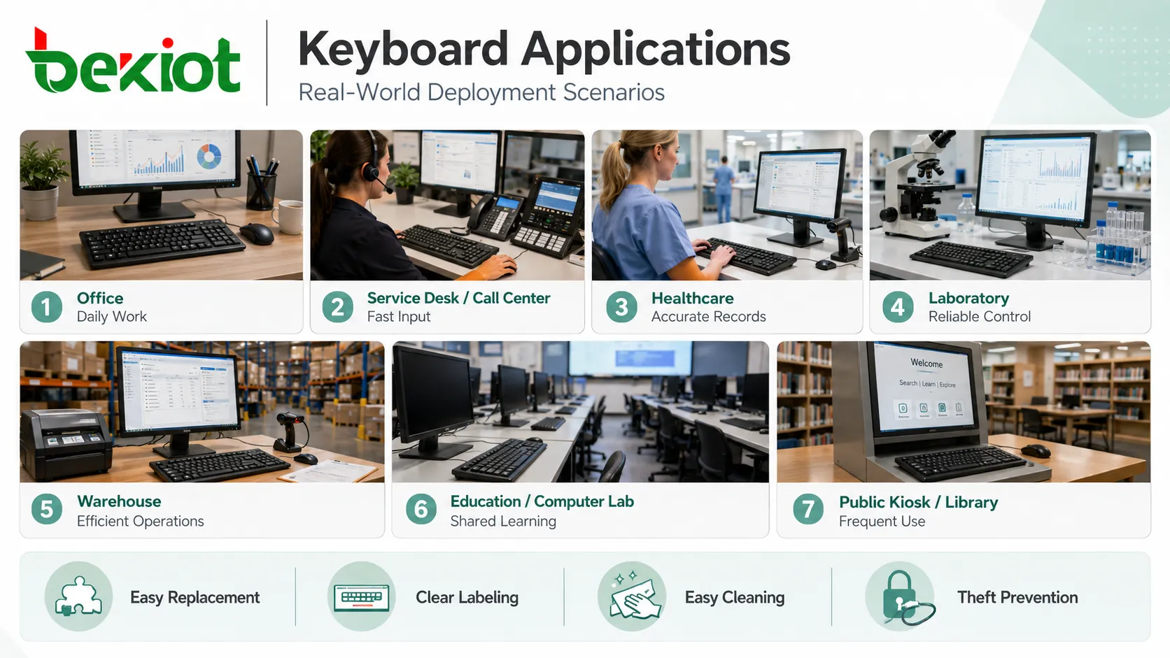 Keyboard applications in office call center healthcare laboratory warehouse public kiosk and education computer lab