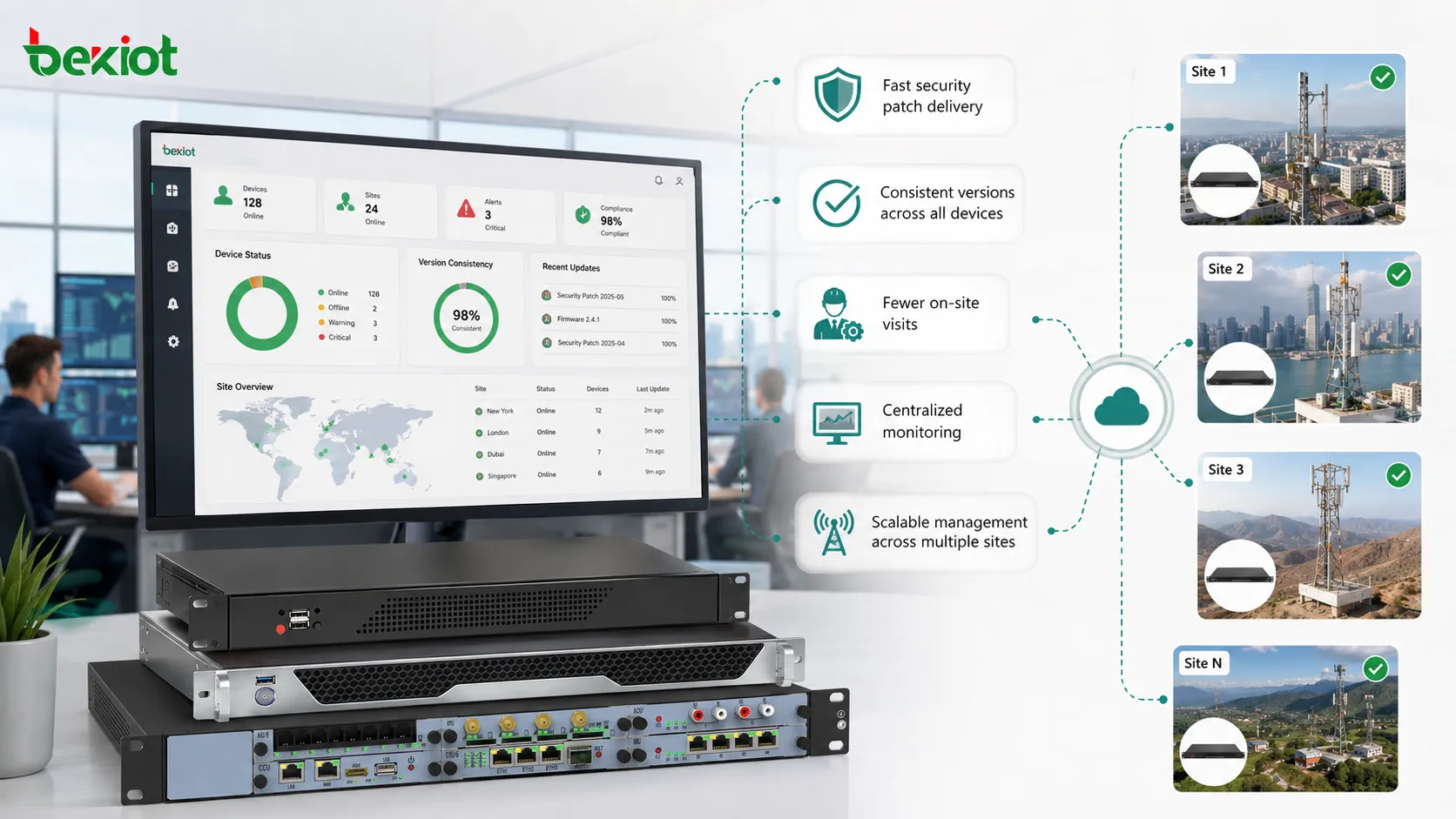 Remote upgrade advantages showing security patch delivery version consistency reduced site visits and multi device monitoring dashboard