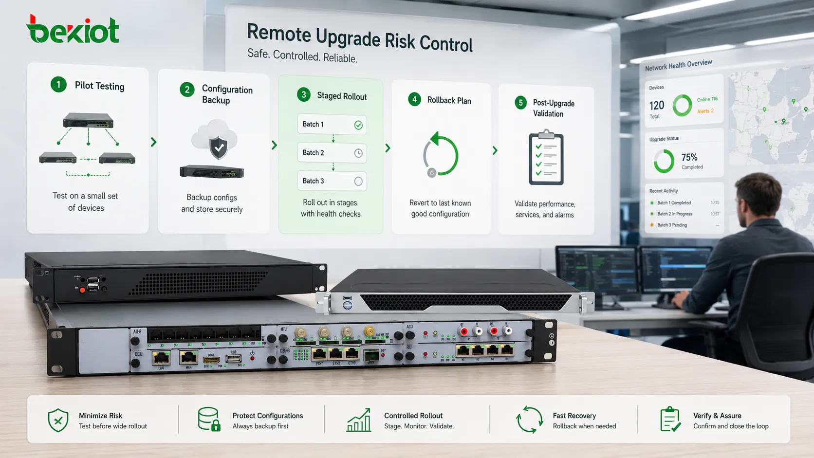 Remote upgrade risk control with pilot testing backup staged rollout rollback plan and post upgrade validation checklist