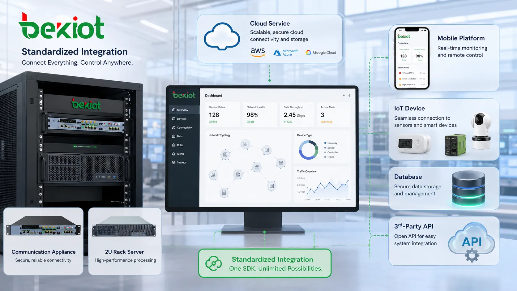 SDK integration benefits showing application connecting to cloud service mobile platform IoT device database and third party API