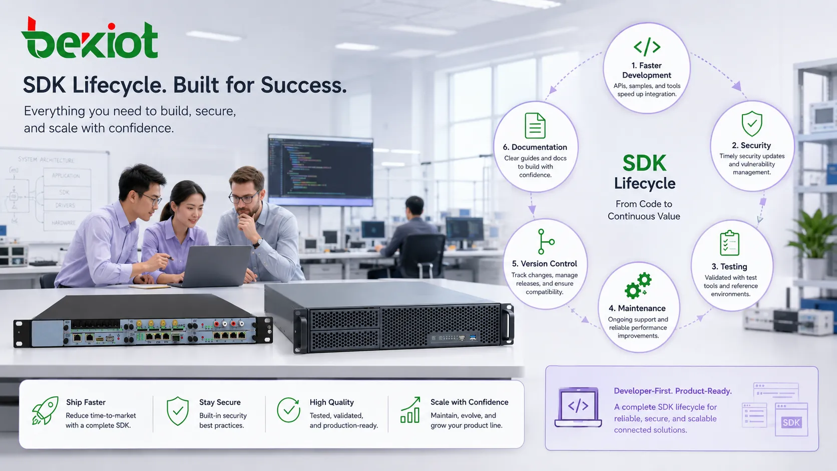 SDK system benefits lifecycle showing faster development security updates testing maintenance version control and developer documentation