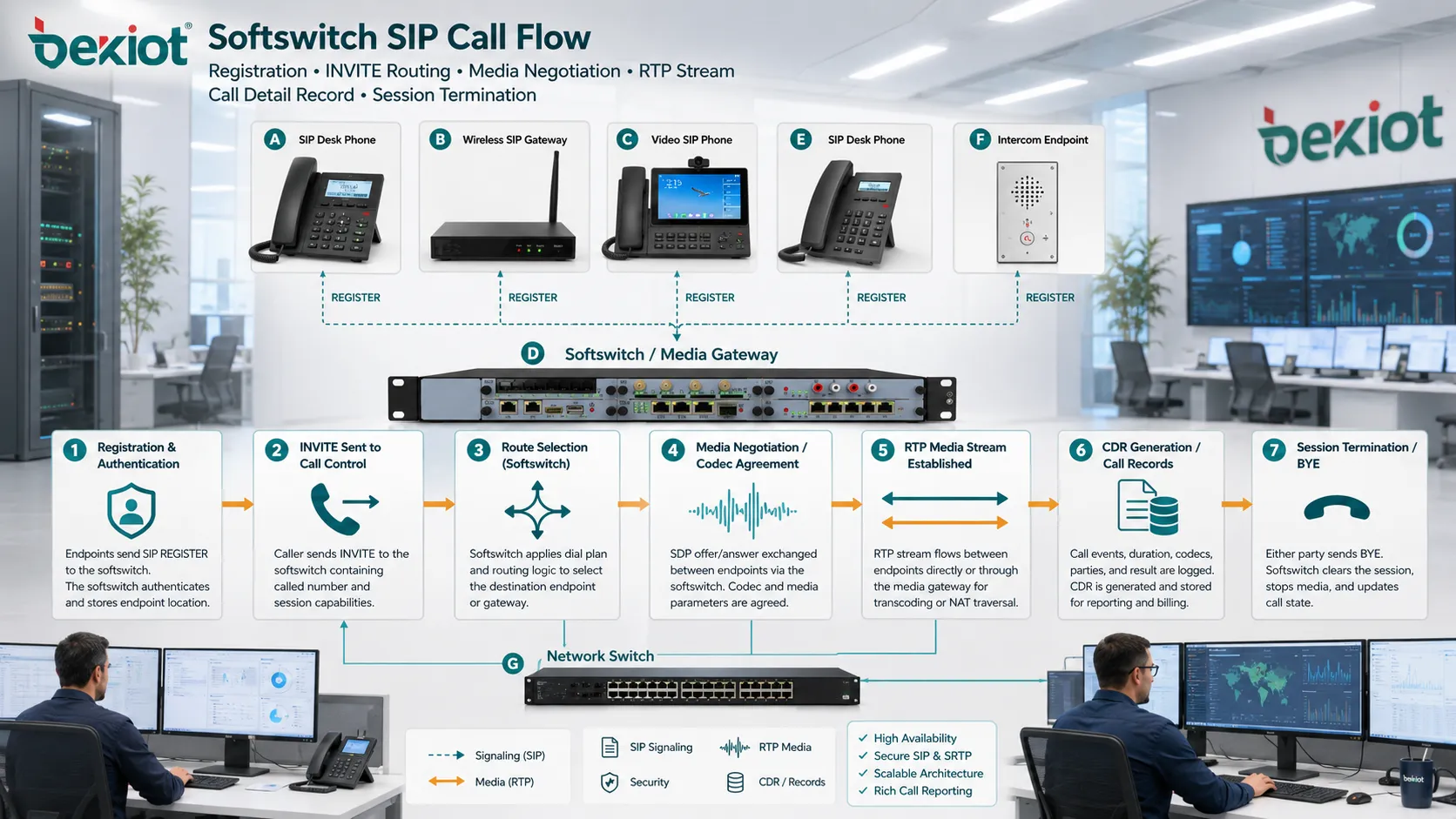 Softswitch SIP call flow with registration INVITE routing media negotiation RTP stream call detail record and session termination