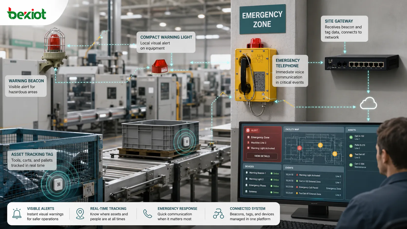 Industrial beacon deployment showing warning light on machine line emergency zone asset tracking tag gateway and operator dashboard