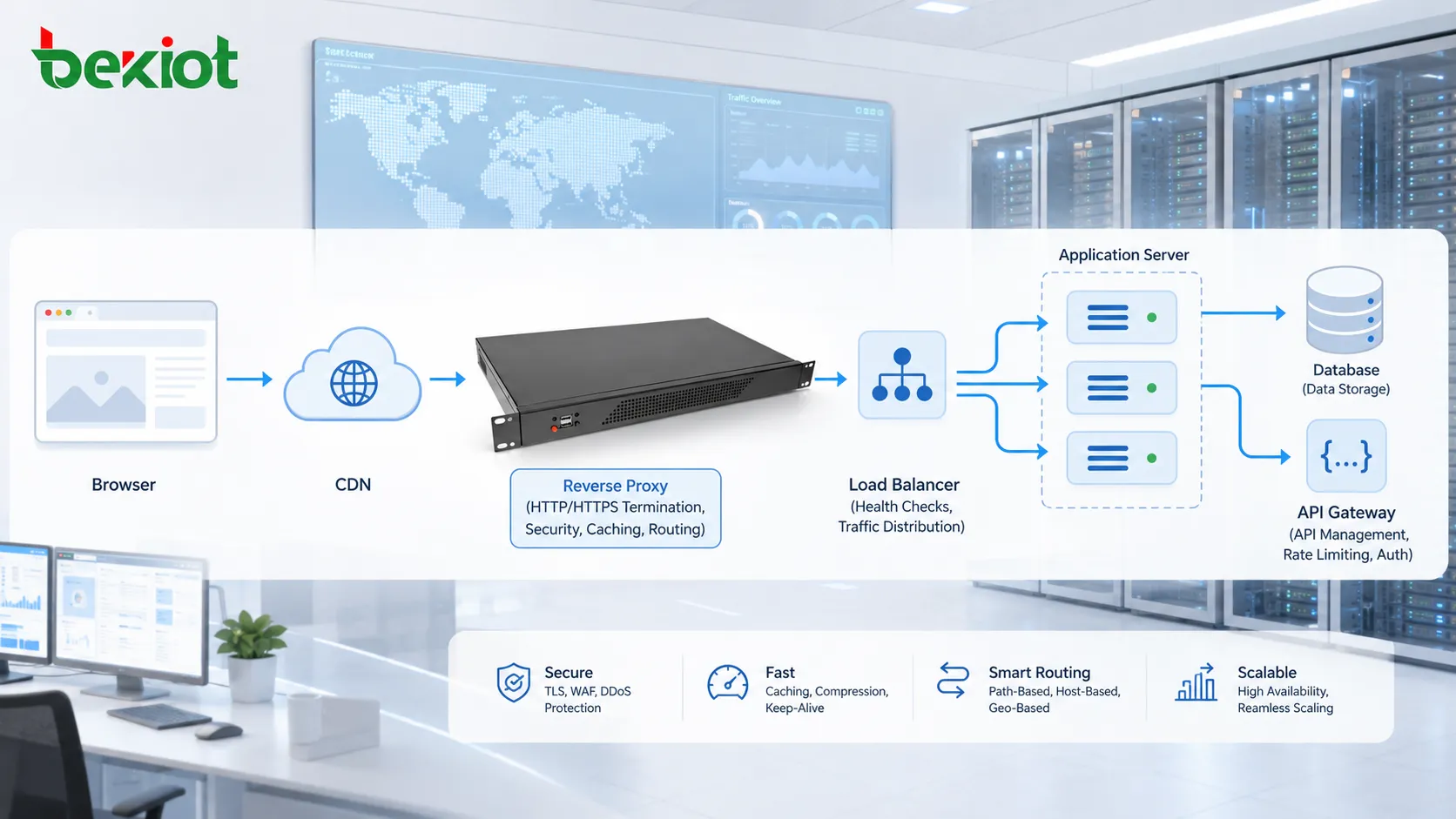 HTTP web delivery architecture with browser CDN reverse proxy load balancer application server database and API gateway