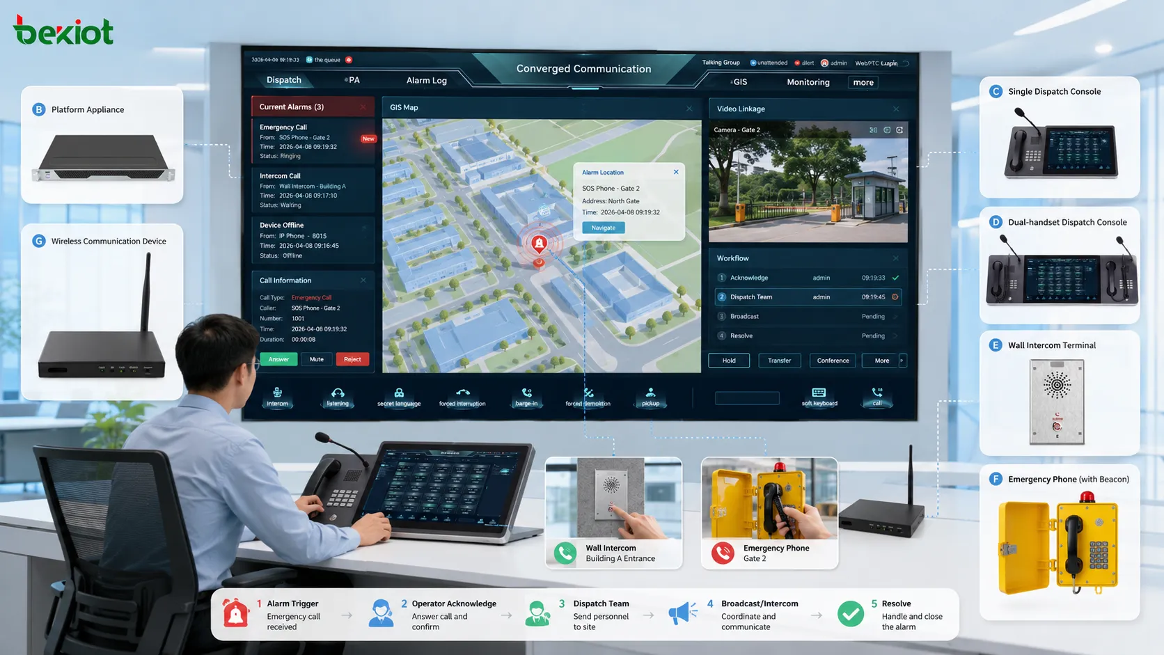 Integrated dispatch monitoring with voice call video linkage GIS map alarm pop up and operator response workflow