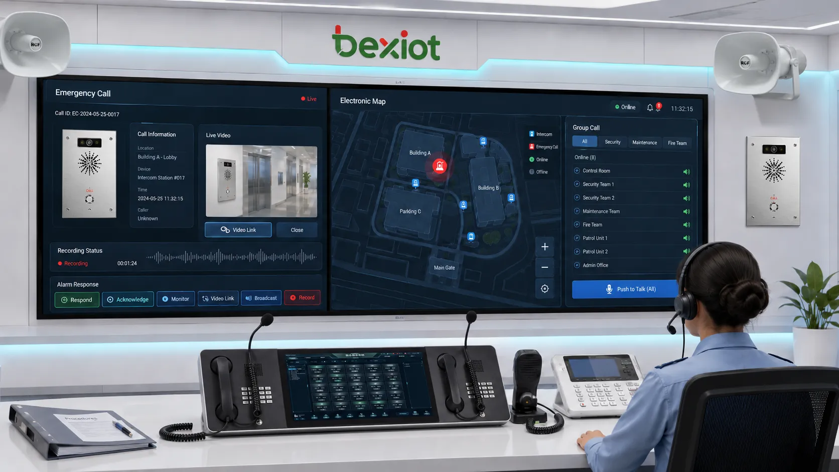 Dispatch command interface showing emergency call pop up video linkage electronic map recording status group call and alarm response buttons
