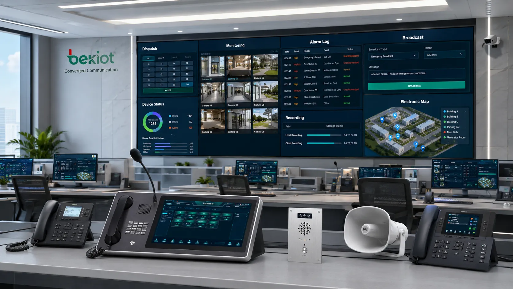 Multimedia command center with dispatch console IP phones emergency intercom broadcast speaker alarm linkage video screen and electronic map