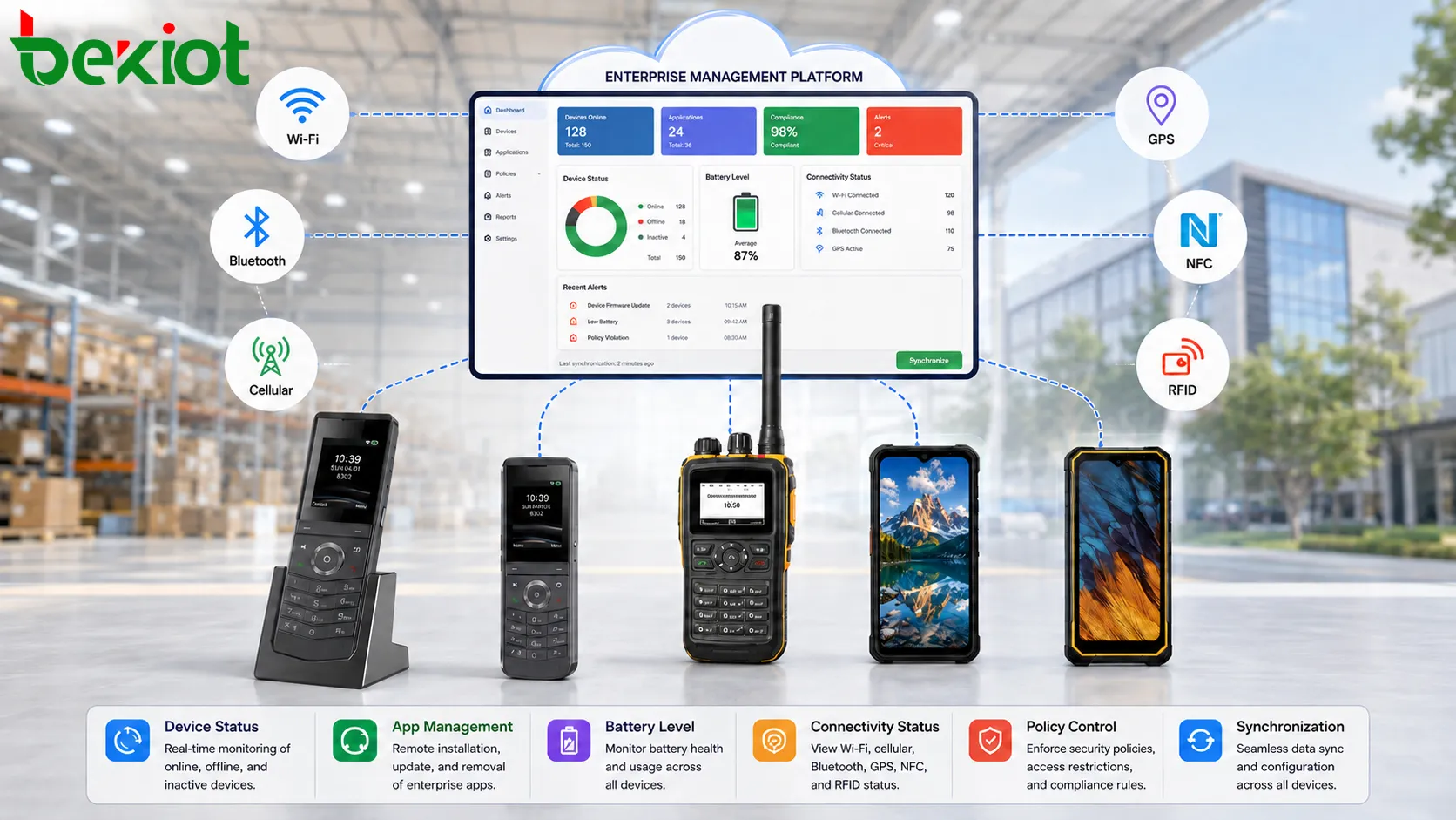 Handheld device connectivity diagram showing Wi-Fi Bluetooth cellular GPS NFC RFID and enterprise management platform