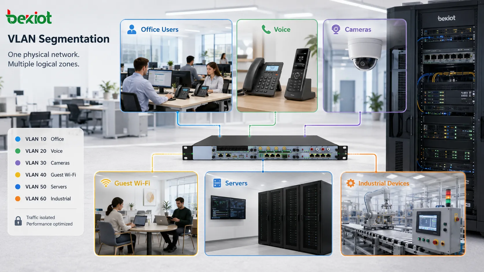 VLAN segmentation concept showing office users IP phones cameras guest Wi-Fi servers and industrial devices separated into logical network zones