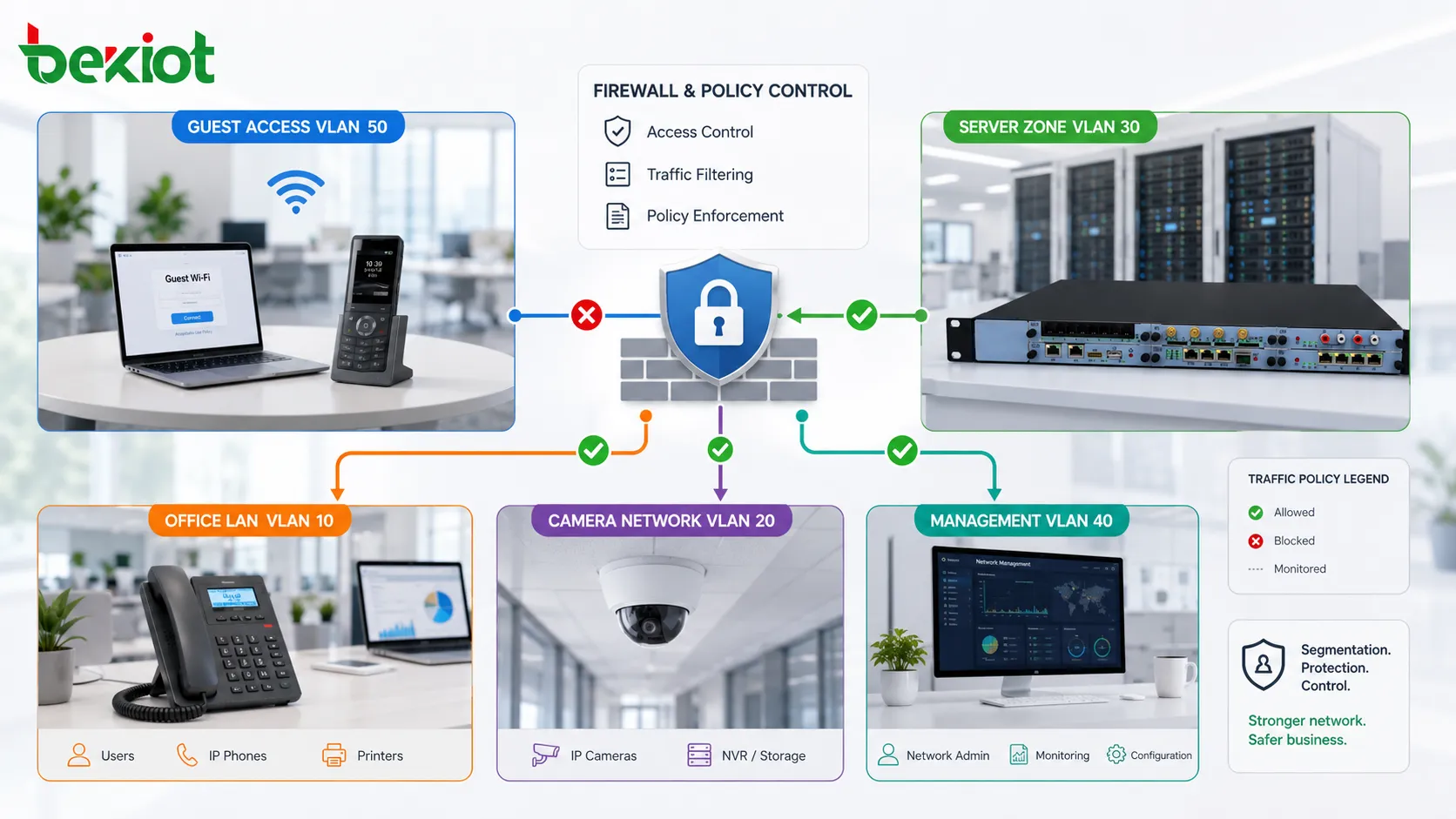 Network security segmentation showing guest access office LAN camera network server zone management VLAN and firewall policy control