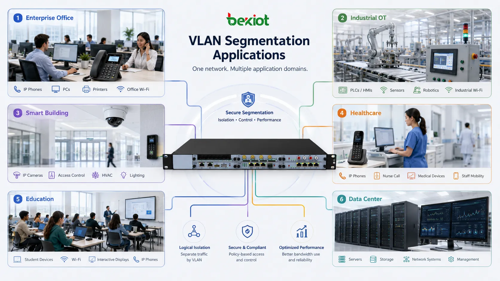 VLAN segmentation applications across enterprise office industrial OT smart building healthcare education and data center network design