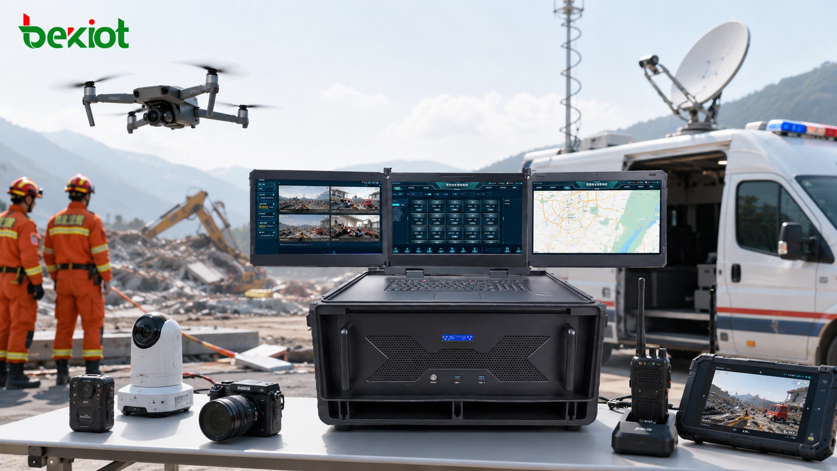 Emergency command box collecting drone camera body camera portable camera and surveillance video feeds at a field response site