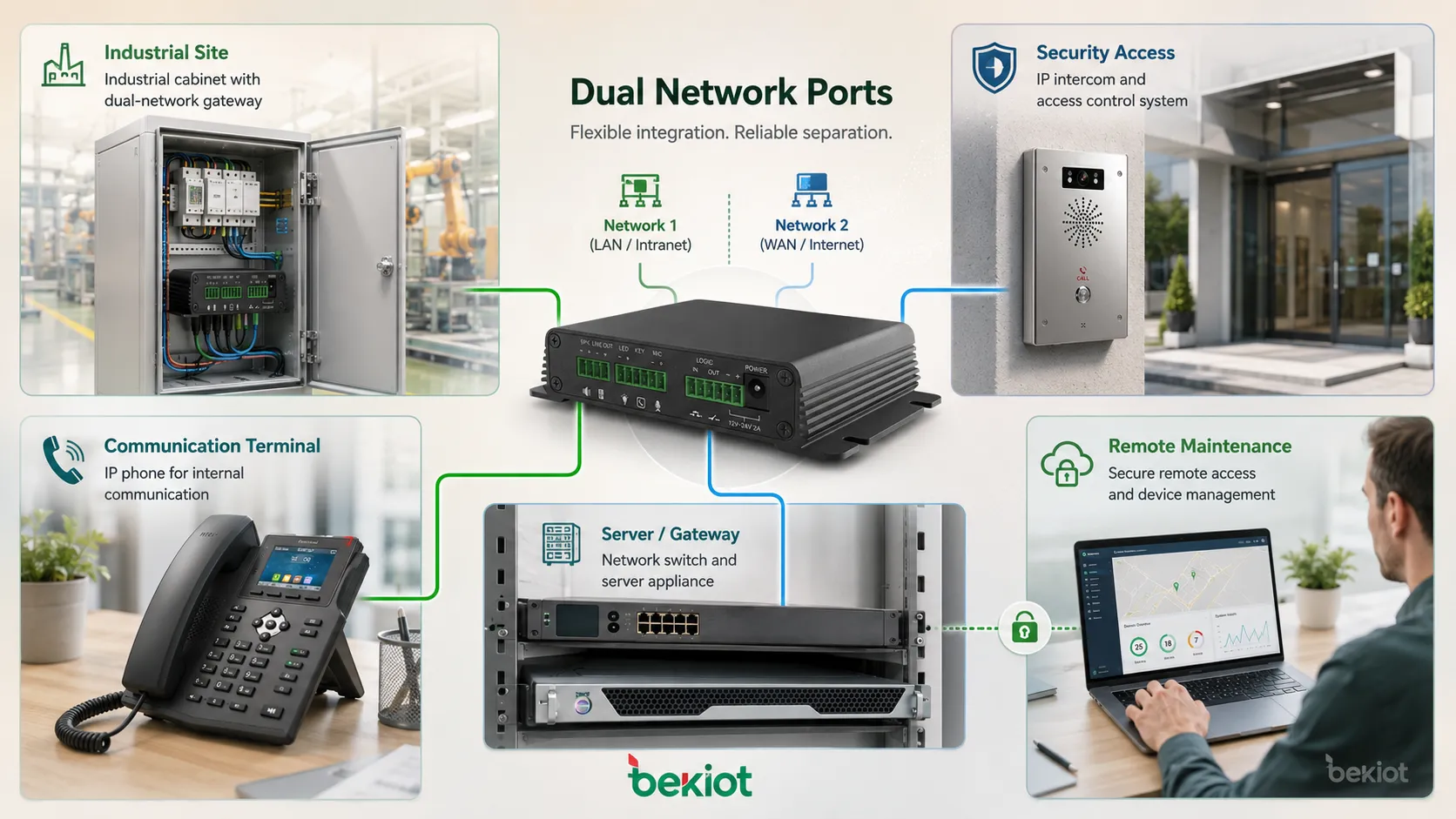 Dual network port applications in industrial cabinet server gateway security camera communication terminal and remote maintenance workstation
