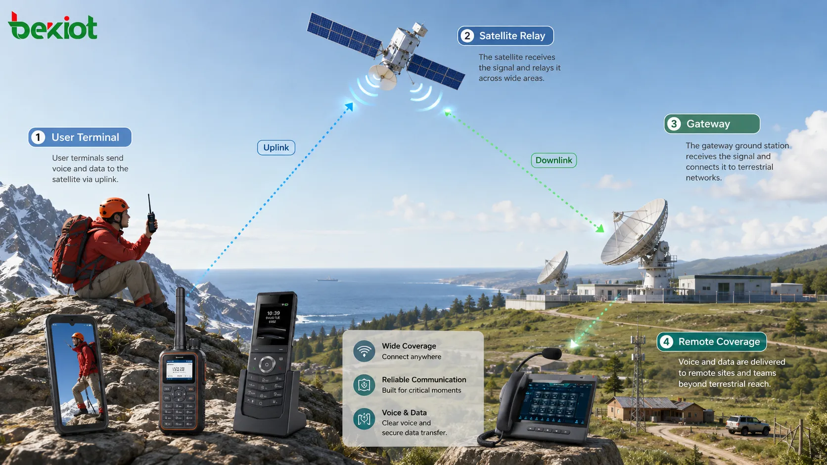 Satellite communication network showing user terminal uplink satellite relay gateway ground station and remote coverage area
