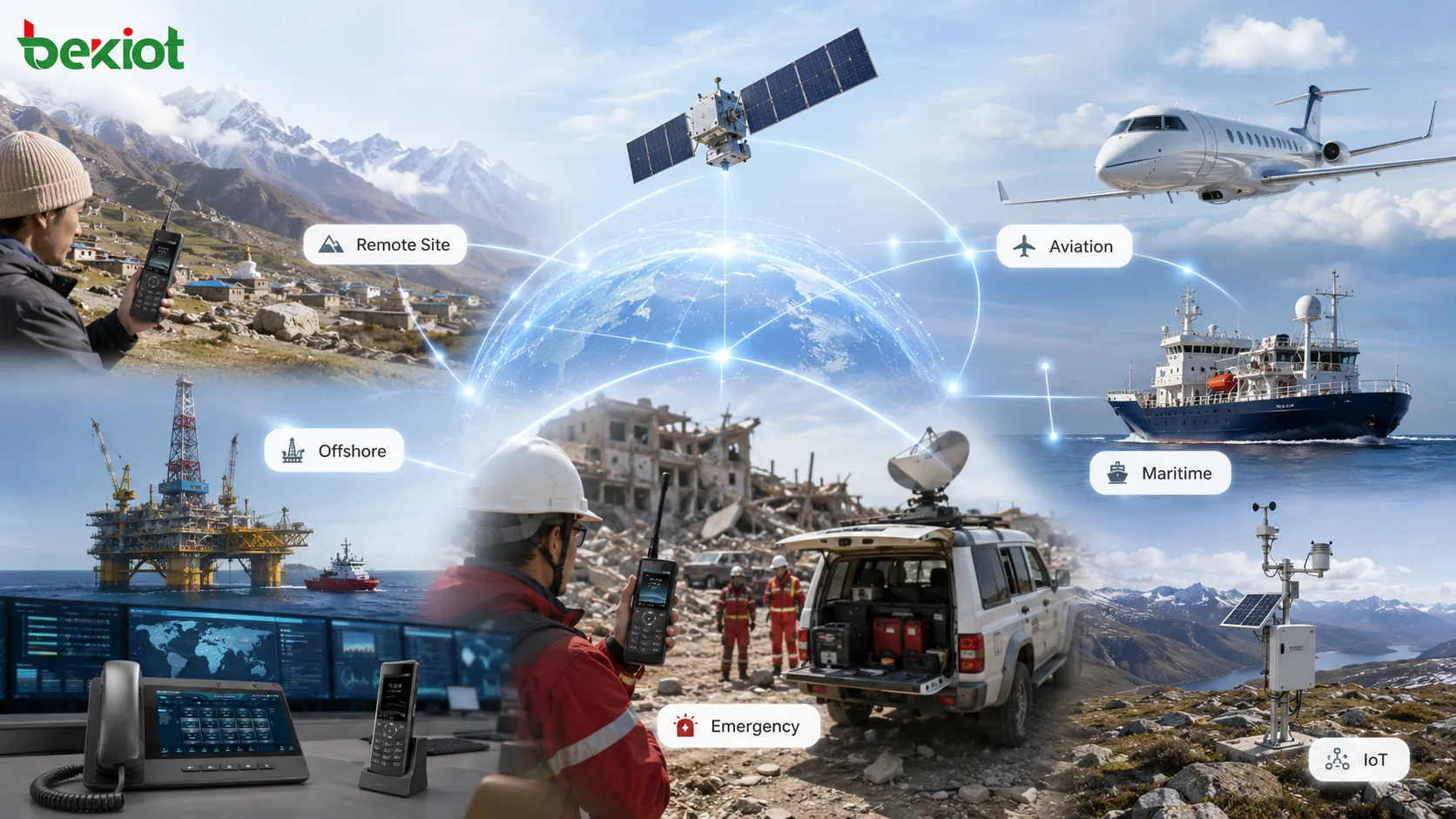 Satellite communication use cases showing remote village offshore platform aircraft ship disaster response vehicle and IoT sensor network
