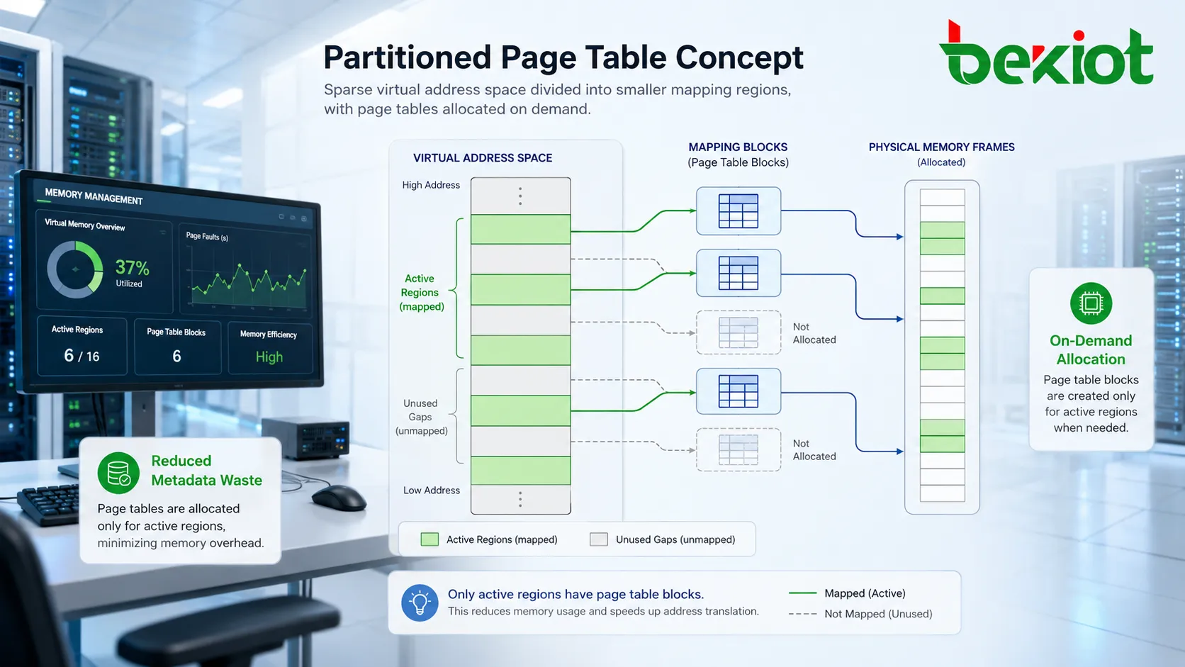 Partitioned page table concept showing sparse virtual address space divided into smaller mapping regions and allocated page table blocks