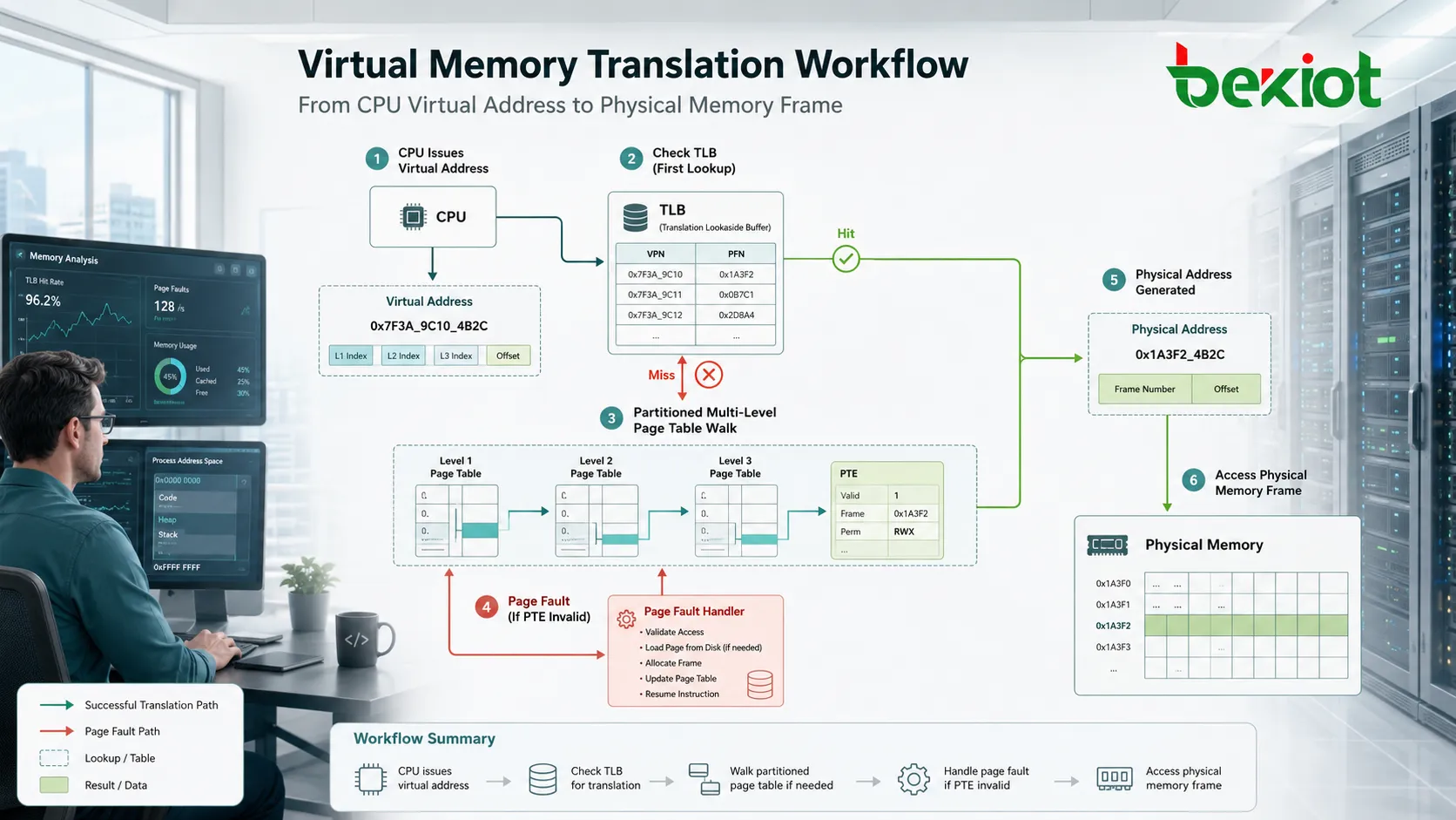 Virtual memory translation workflow showing CPU virtual address TLB lookup partitioned page table walk page fault handling and physical memory frame