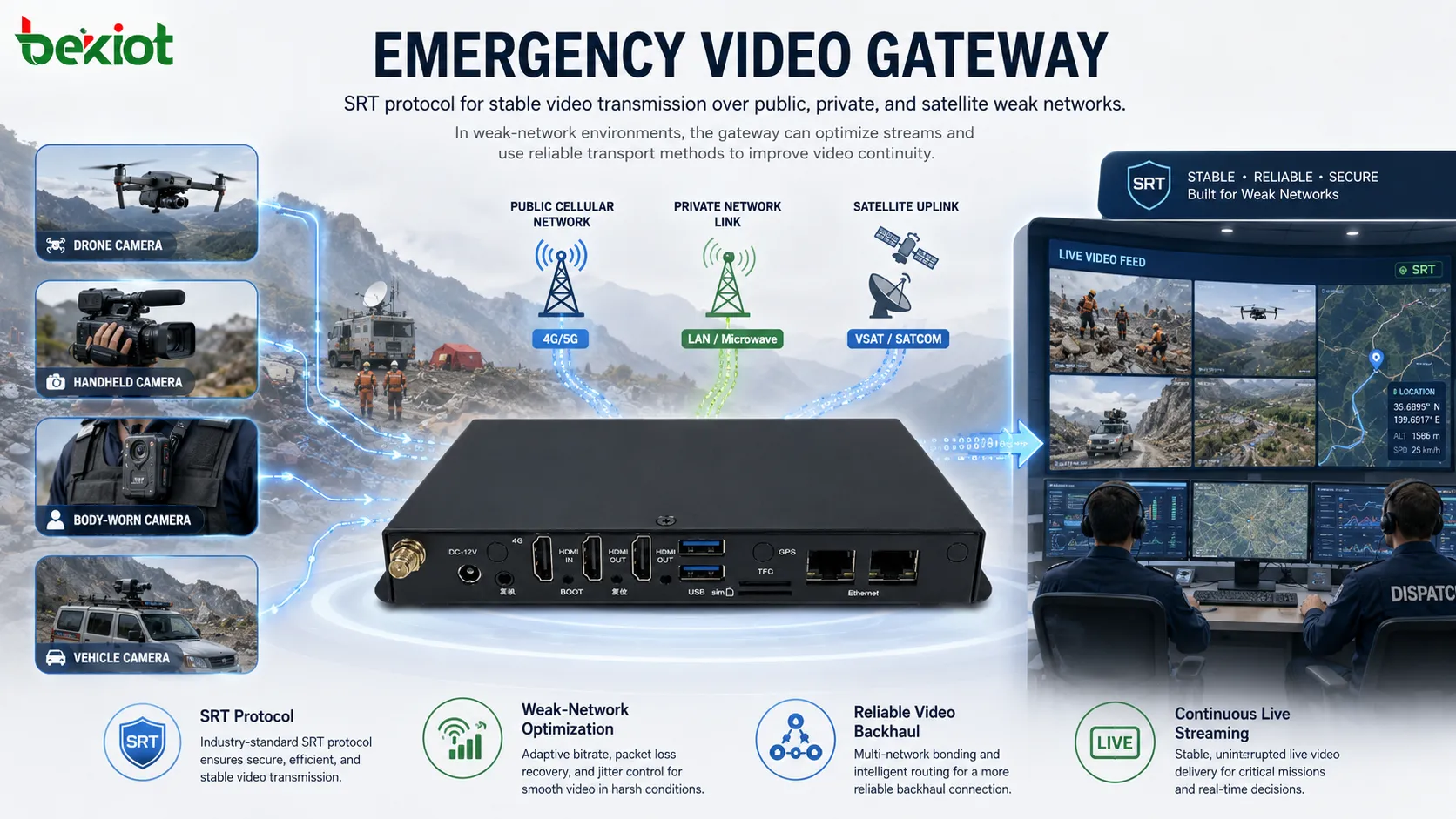 Emergency video gateway using SRT protocol for stable video transmission over public private and satellite weak networks