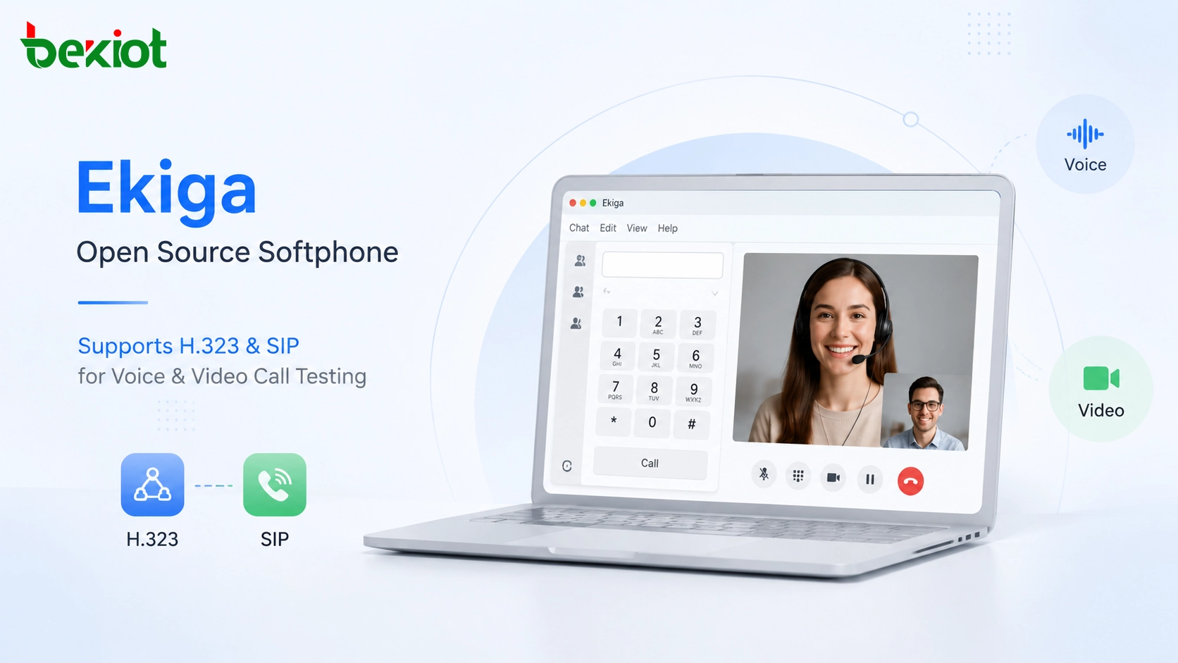 Ekiga open source softphone supporting H.323 and SIP for voice and video call testing