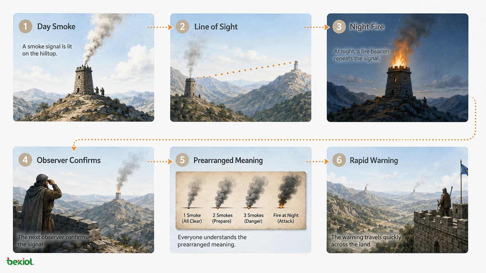 Ancient beacon and smoke signal chain showing hilltop fire towers daytime smoke columns and night warning lights across mountains