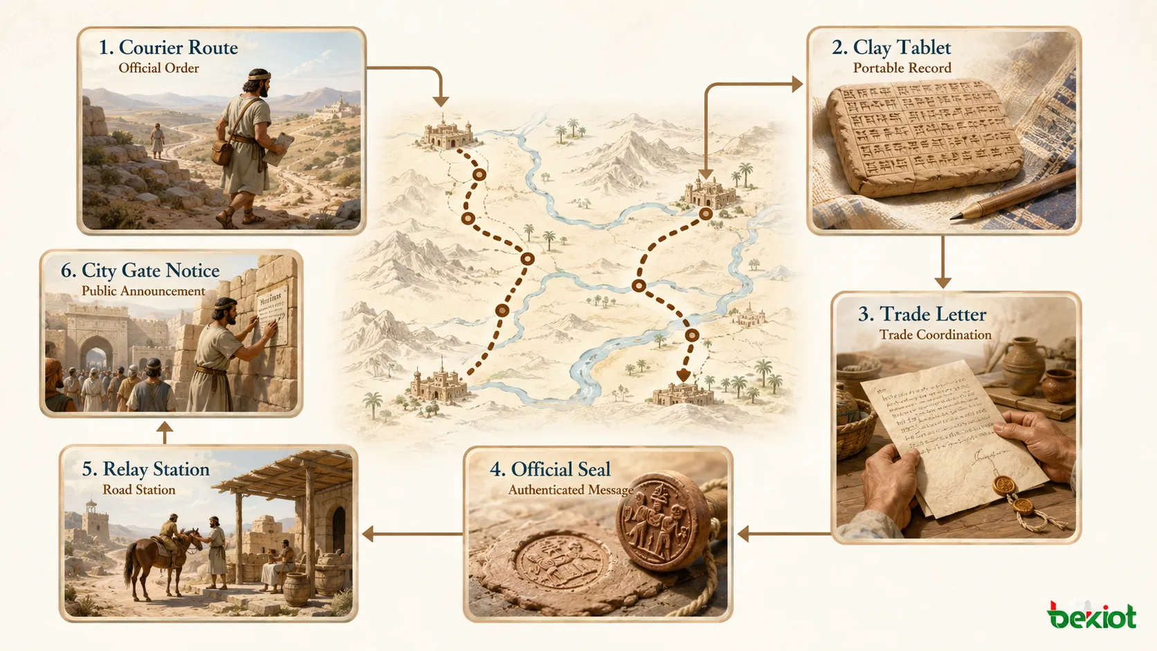 Ancient administrative communication showing courier route clay tablet trade letter official seal road station and city gate notice