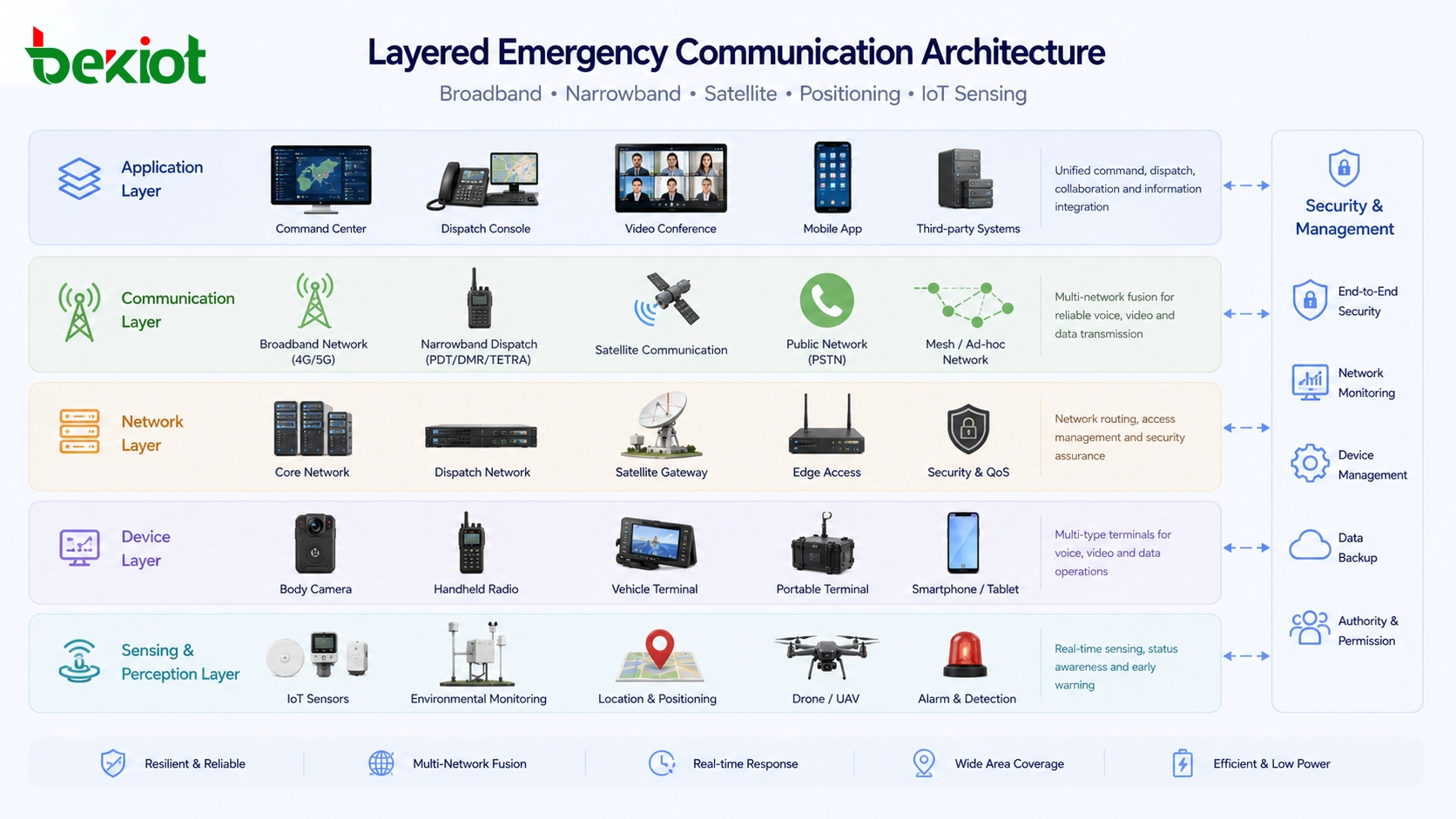 Layered emergency communication architecture with broadband networks narrowband dispatch satellite links and IoT sensing