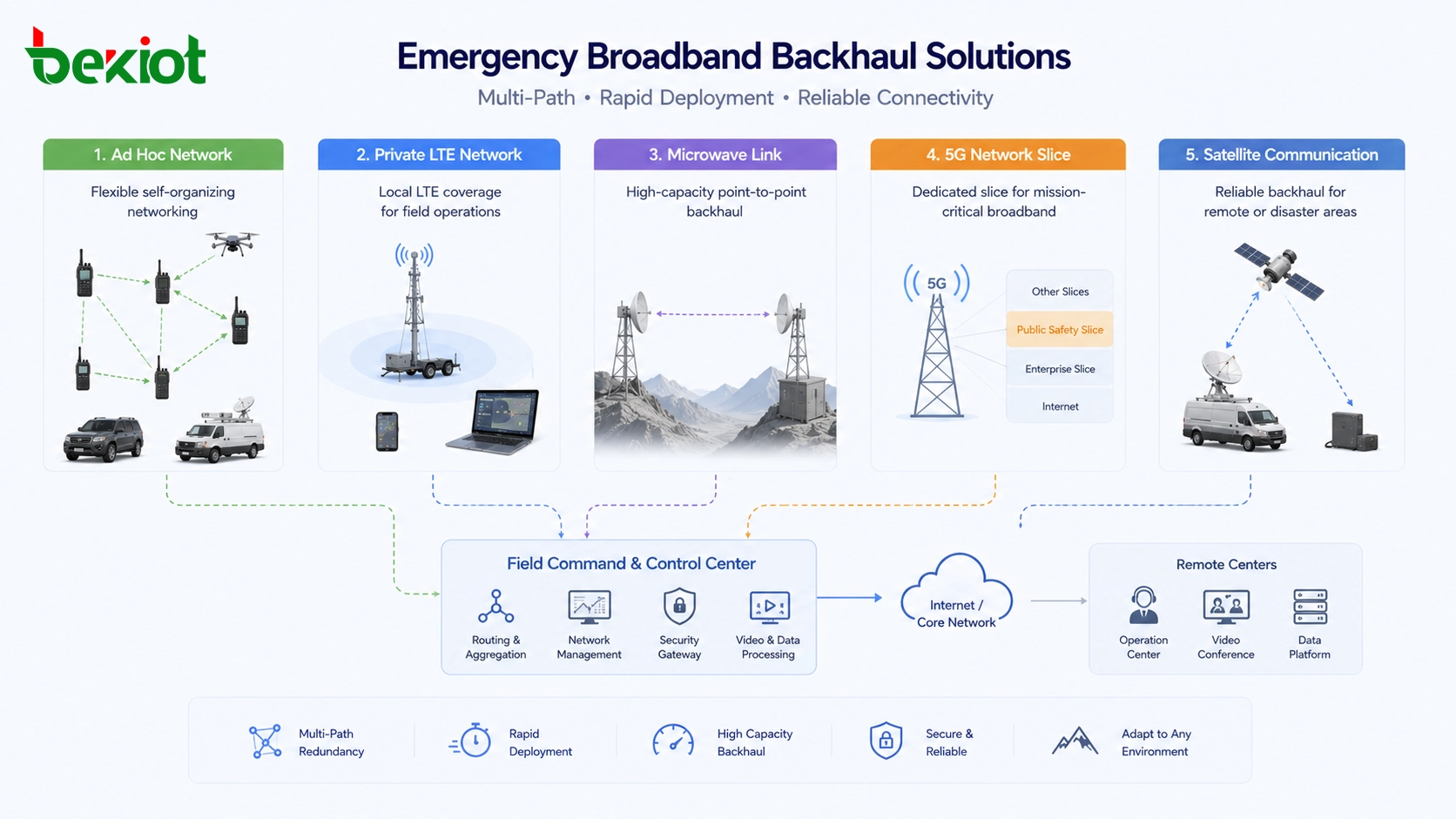 Emergency broadband backhaul using ad hoc network LTE private network microwave link 5G slice and satellite communication