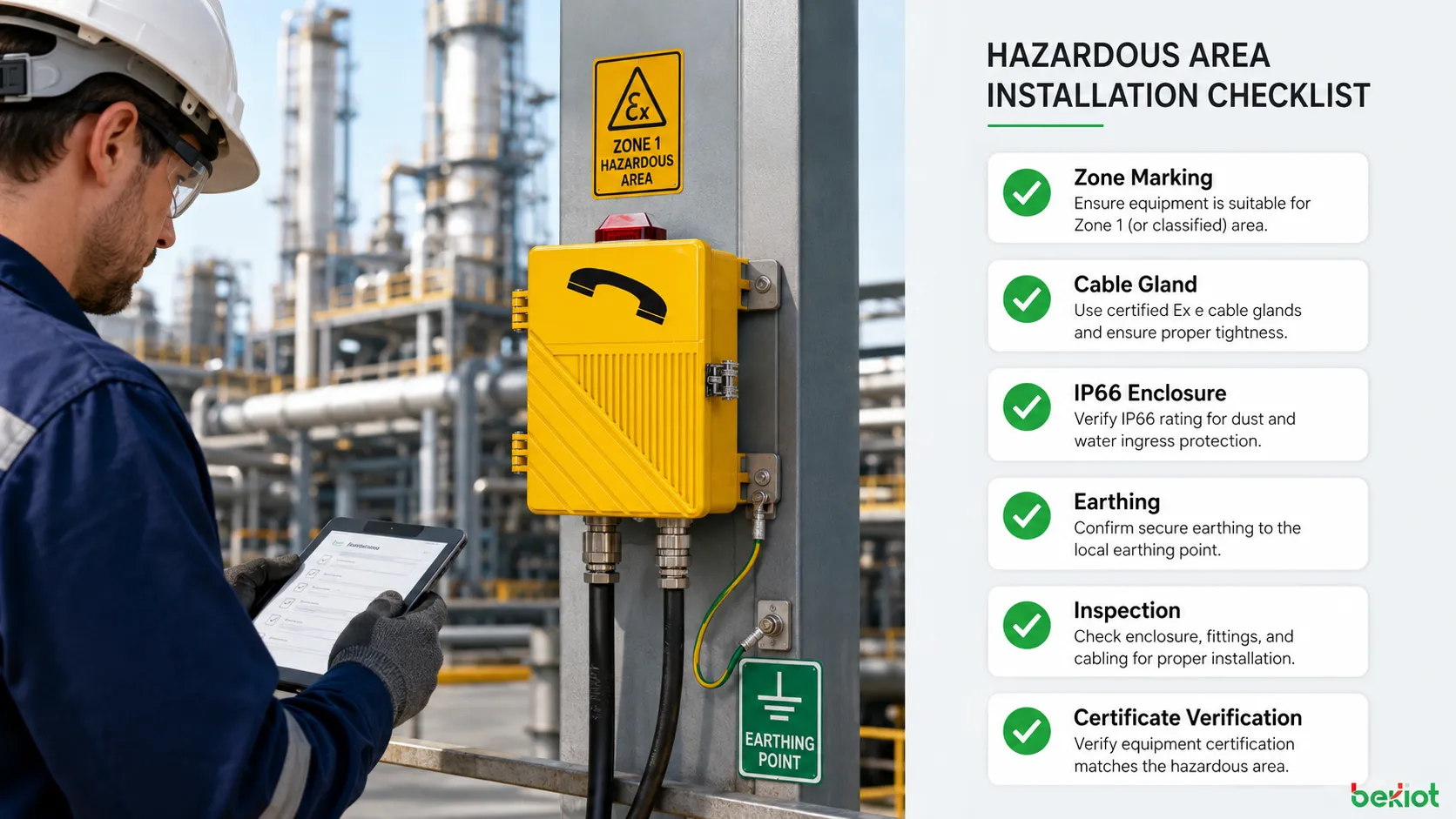 Hazardous area installation checklist for Ex e equipment showing zone marking cable gland IP66 enclosure earthing inspection and certificate verification