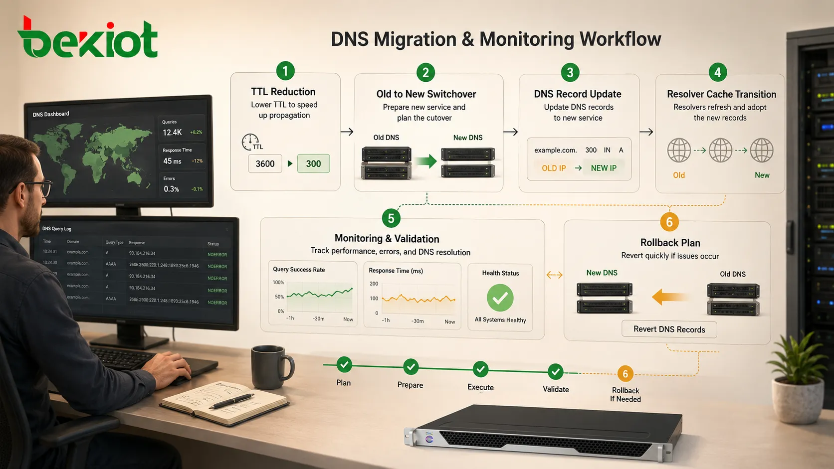 DNS migration workflow showing TTL reduction old server new server record update resolver cache monitoring and rollback plan