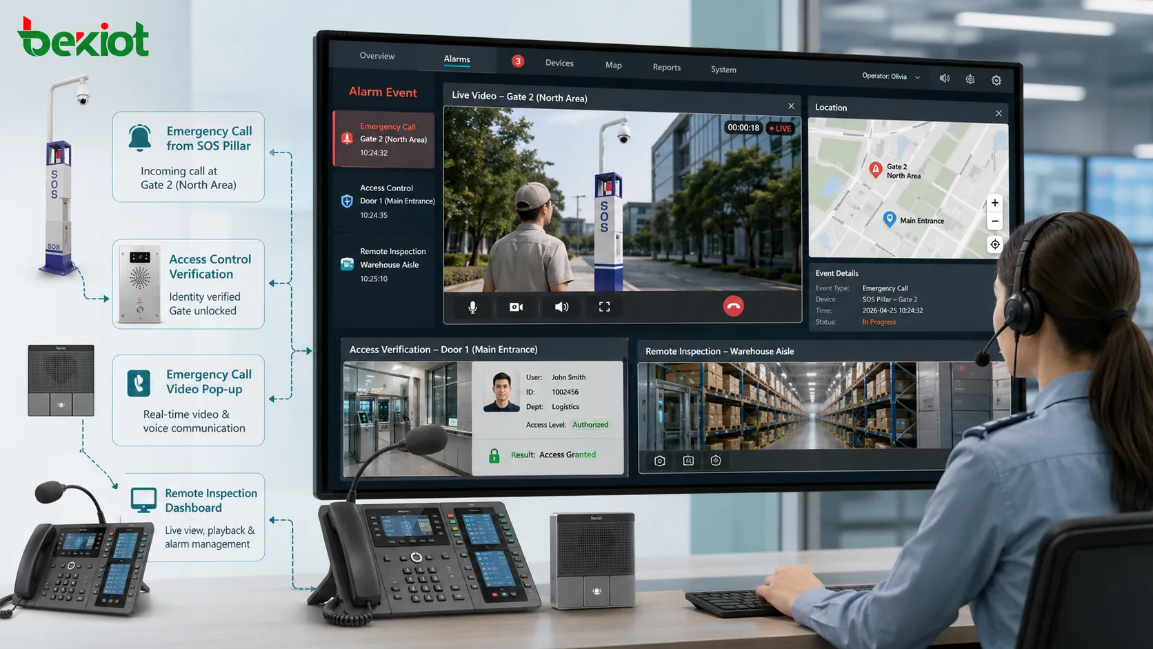 Video integration use cases showing alarm linkage access control verification emergency call video pop up and remote inspection dashboard