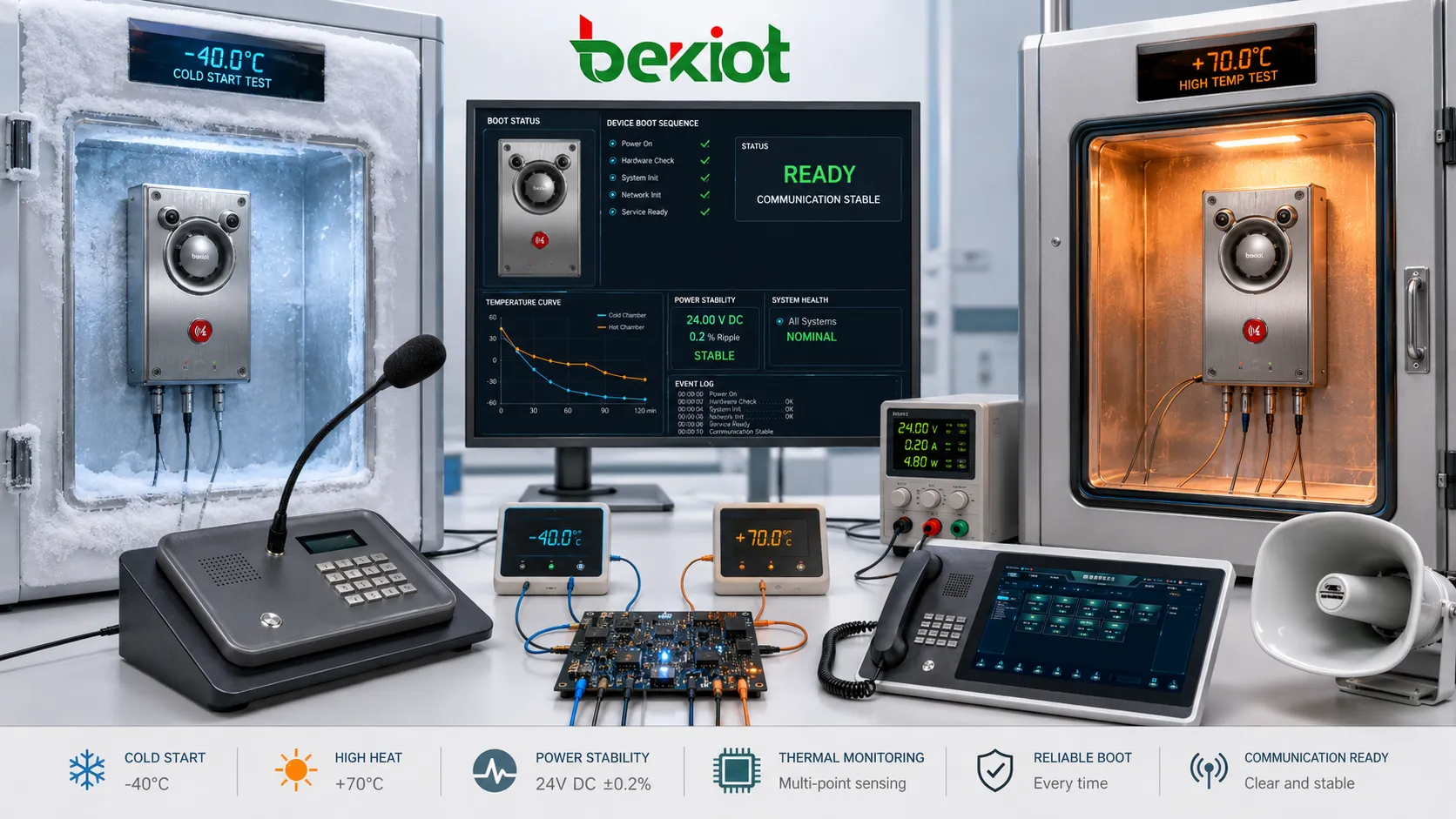Wide temperature testing showing cold start chamber high temperature chamber power supply stability circuit board thermal sensors and communication device boot process