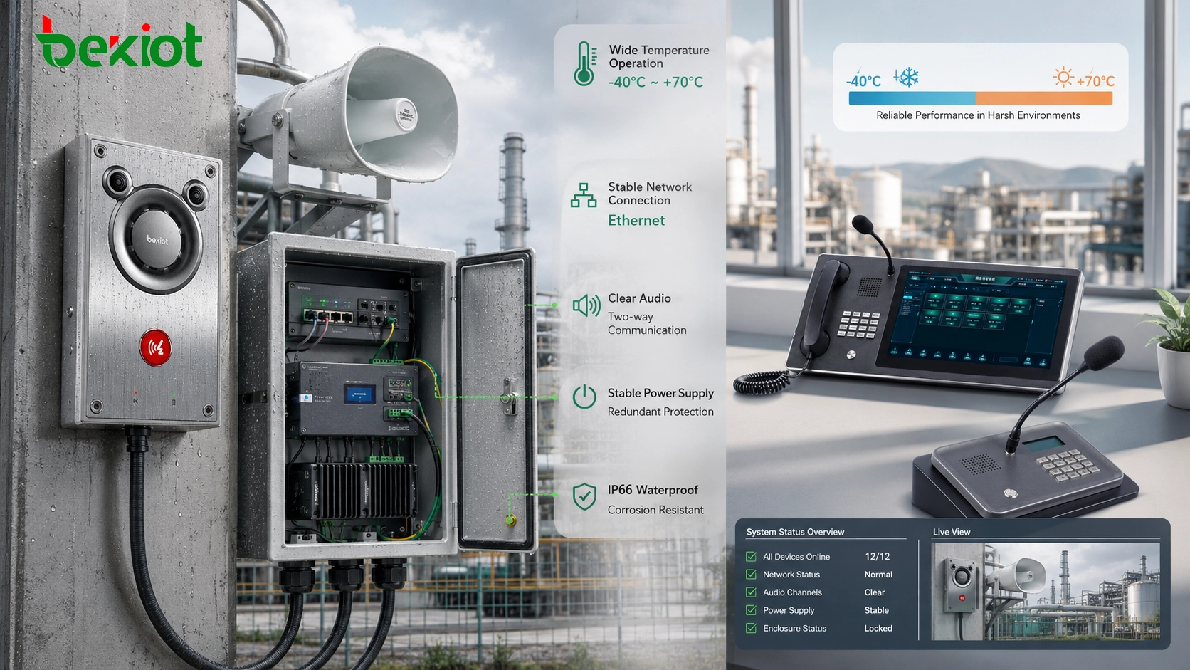 Industrial communication device wide temperature operation showing outdoor cabinet Ethernet power module speaker microphone thermal cycling and remote monitoring platform