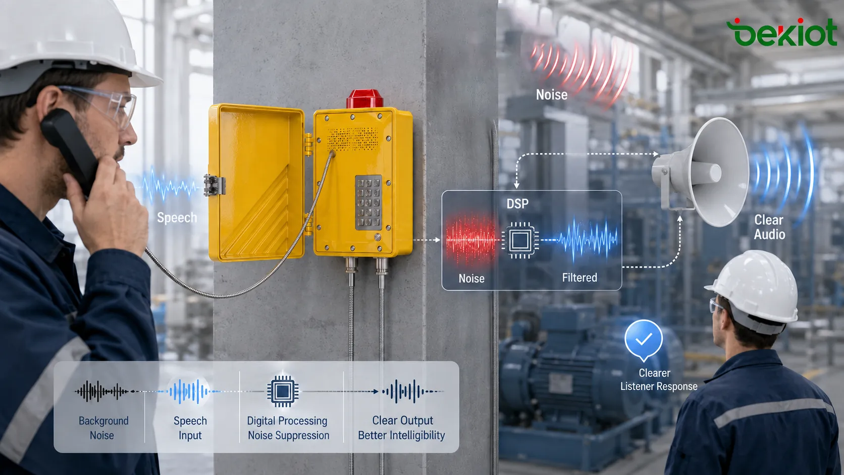Tunnel PA and intercom acoustic noise reduction showing speakers emergency intercom ventilation noise vehicle noise echo control and clear evacuation announcement
