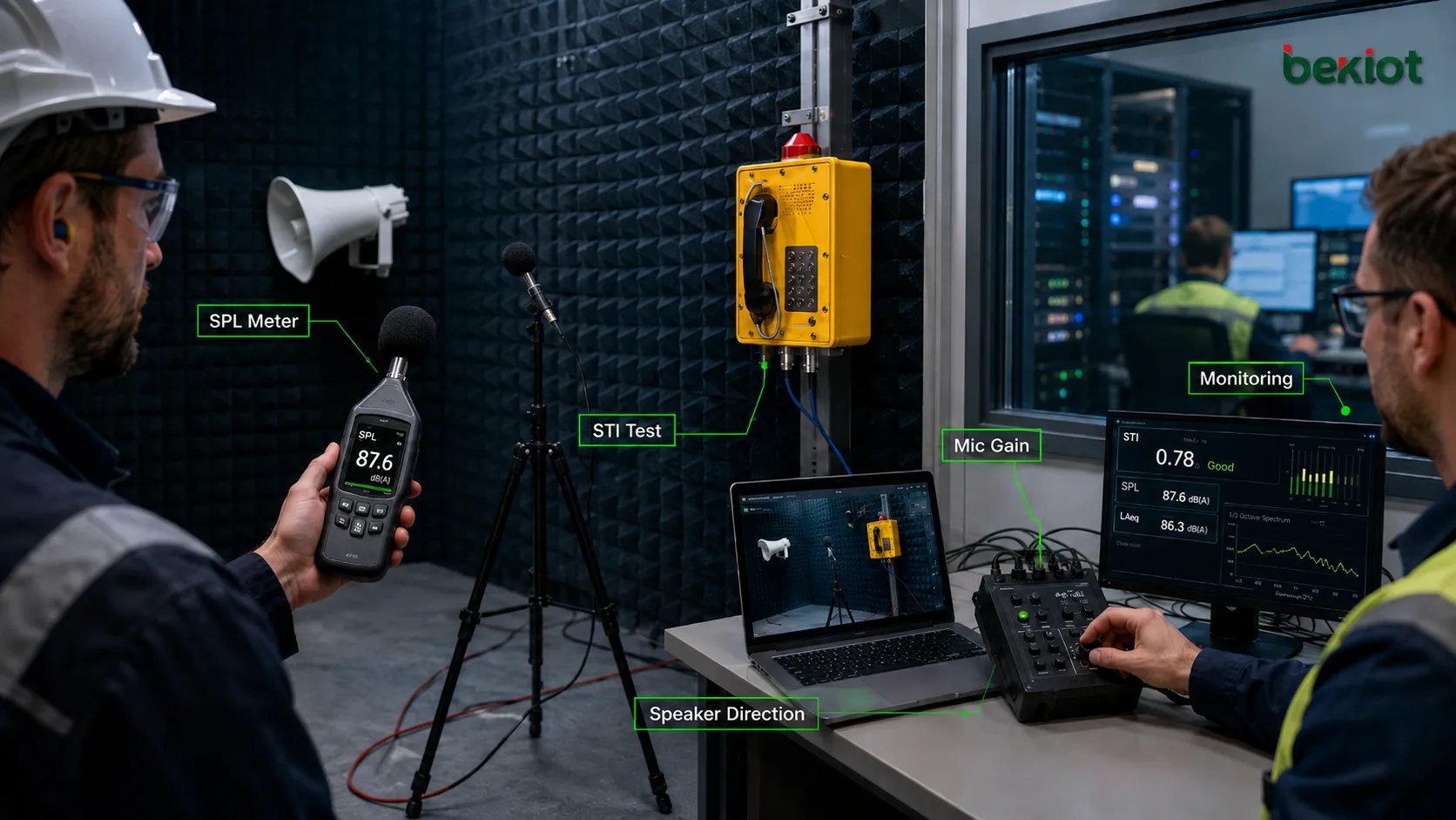 Acoustic noise reduction commissioning showing sound level meter speech intelligibility test microphone gain tuning speaker direction and control room monitoring
