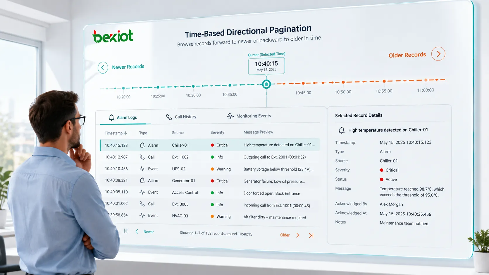 Time-based directional pagination showing newer older records timestamp cursor alarm logs call history and monitoring events