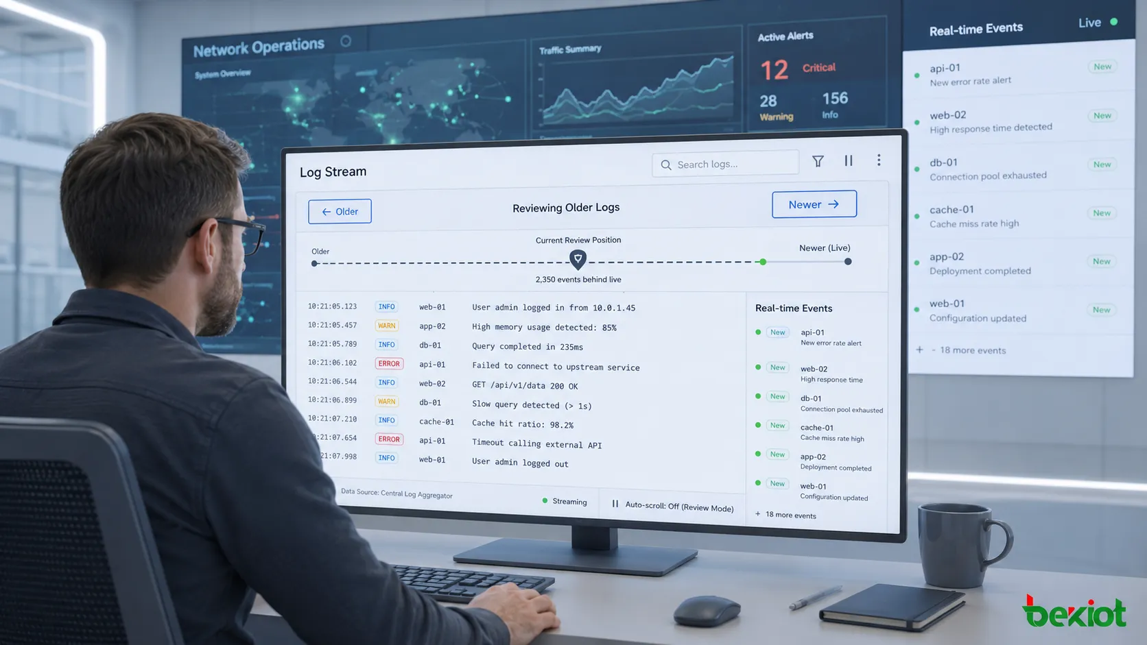 Directional pagination in monitoring dashboard showing log stream older newer buttons cursor marker real-time events and stable review position
