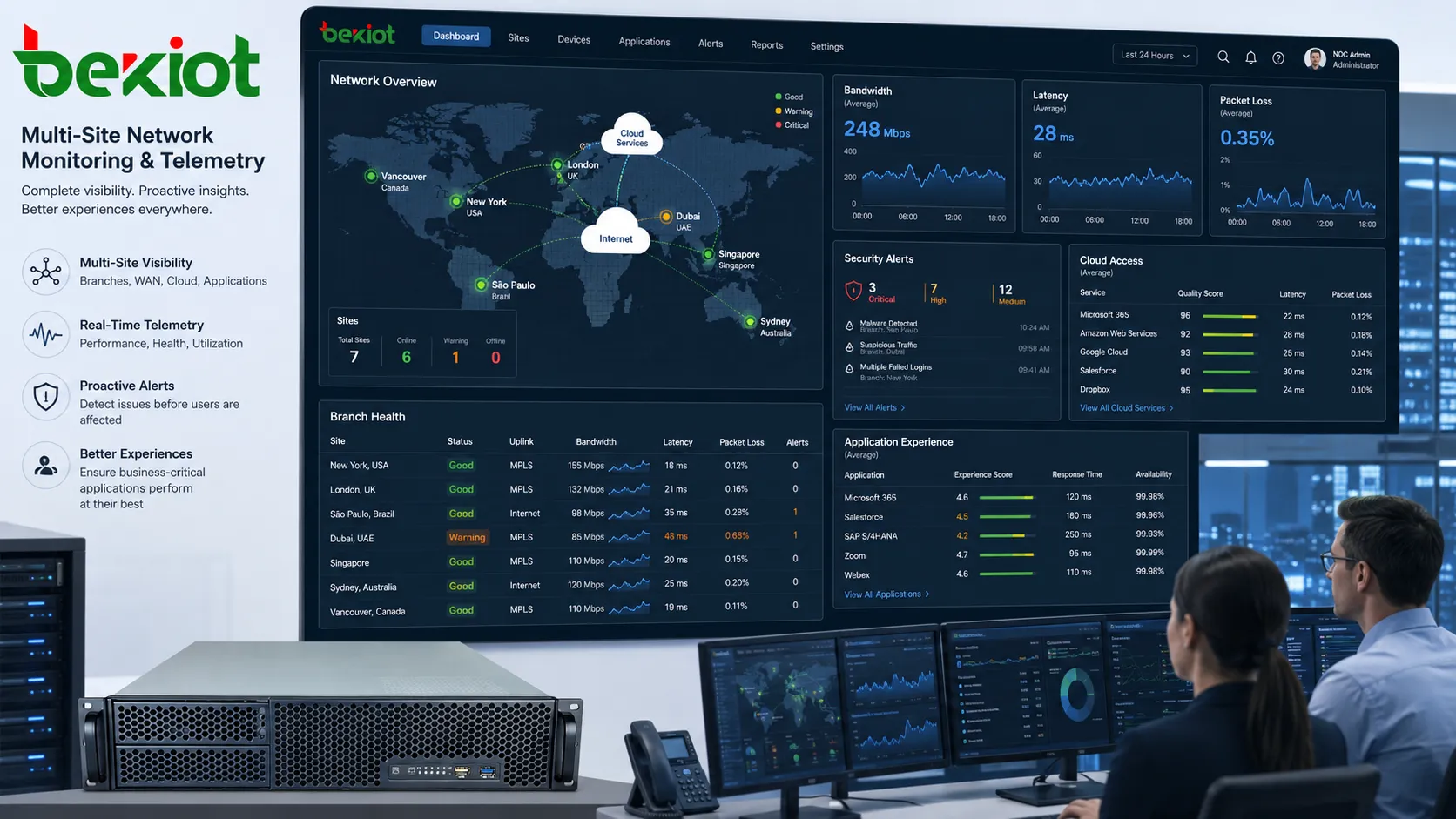 Multi-site network monitoring dashboard showing branch link health bandwidth latency packet loss security alerts cloud access and application experience