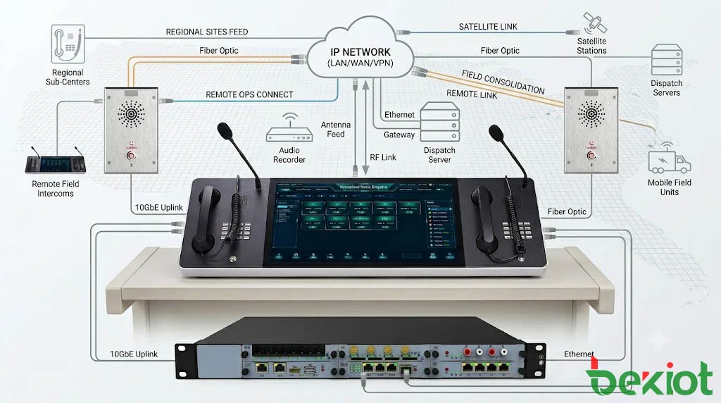 IP based radio dispatch system architecture showing radio repeater RoIP gateway dispatch server operator console recording server and remote IP network