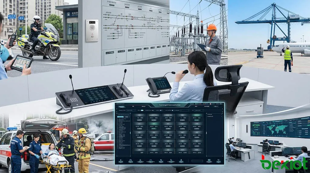 Industry applications of networked radio dispatch showing public safety utility railway mining port airport and emergency command center