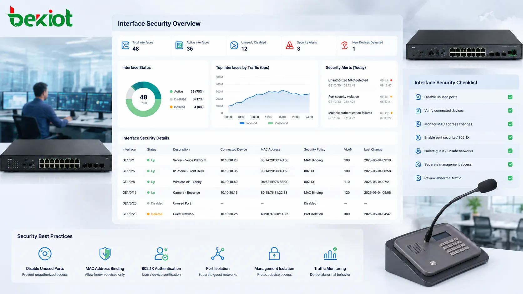 Network interface security maintenance showing disabled unused ports known device access MAC monitoring and isolated management network